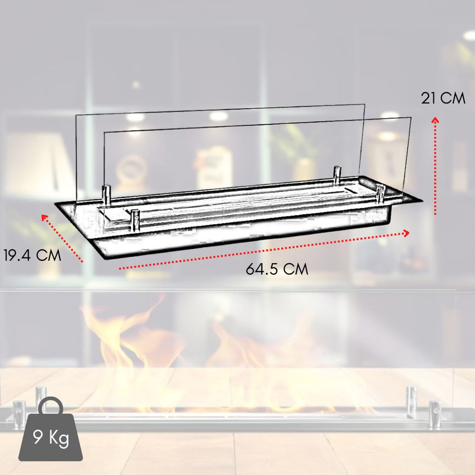 Schema di un caminetto a bioetanolo con dimensioni: 64,5x19,4x21 cm, peso 9 kg.