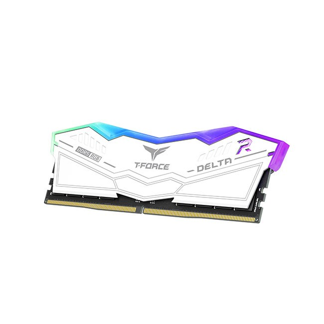 Biała kość pamięci RAM T-Force Delta DDR5 RGB z kolorowym podświetleniem.