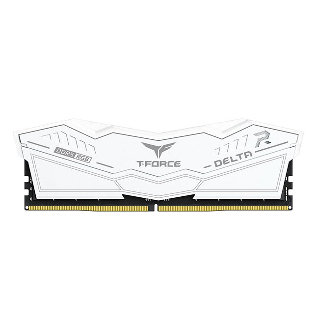 Biała kość pamięci RAM DDR5 RGB T-Force Delta z czarną płytką drukowaną na białym tle.