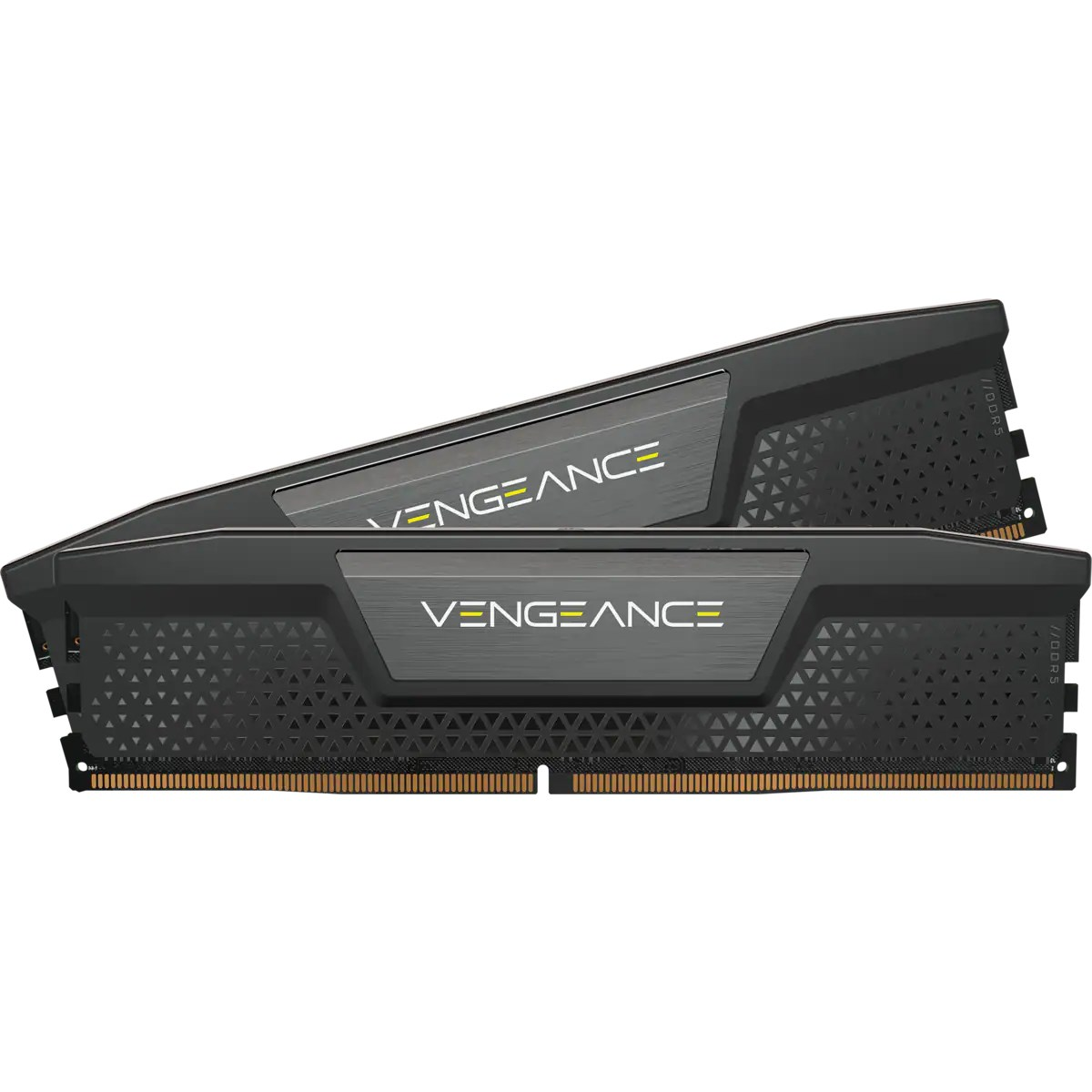 Due moduli RAM Corsair Vengeance DDR5 neri con motivi triangolari e logo argentato.