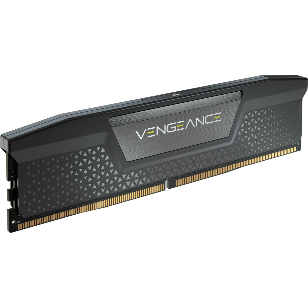 Un modulo di memoria RAM DDR5 nero con inserto in metallo spazzolato e la scritta Vengeance, su fondo bianco.