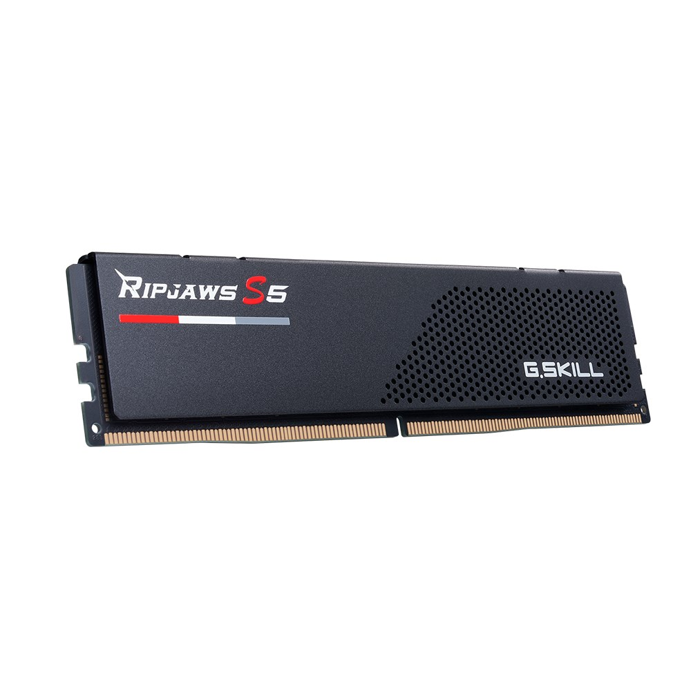 Czarna kość pamięci RAM G.Skill Ripjaws S5 na białym tle.
