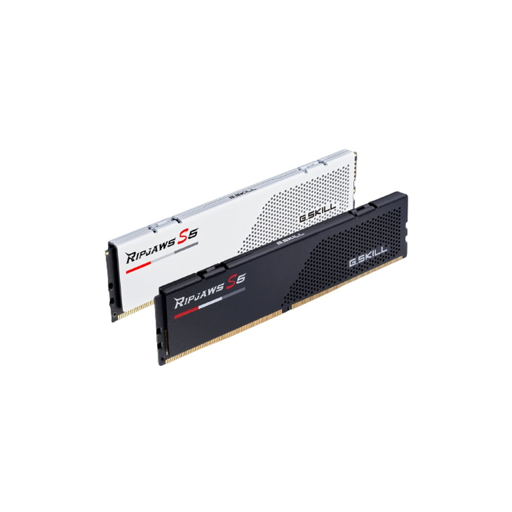 Dwie kości RAM G.SKILL Ripjaws S5 w kolorze białym i czarnym na białym tle.