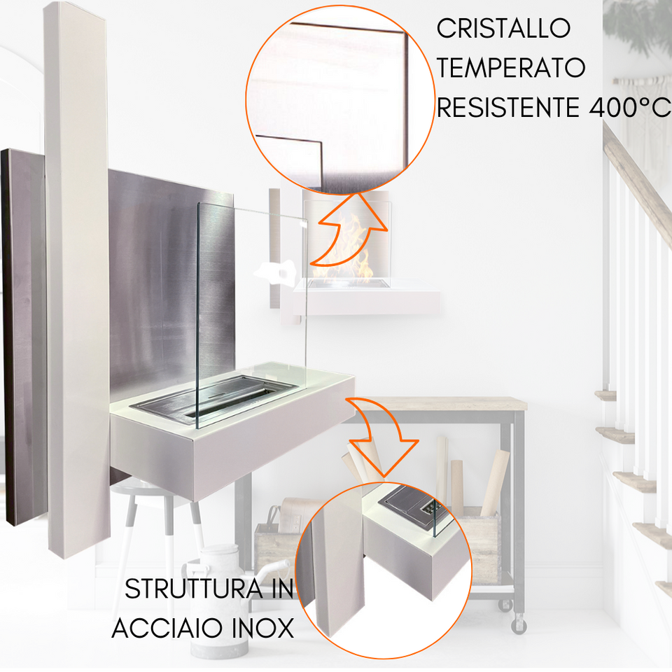 Moderno caminetto a bioetanolo a parete con vetro termico e acciaio inox.