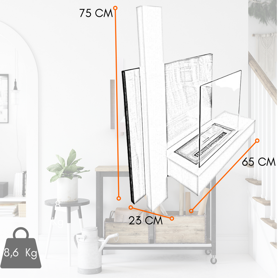 Schizzo di un caminetto a etanolo con dimensioni di 75 cm di altezza, 65 cm di larghezza e 23 cm di profondità, peso 8,6 kg.