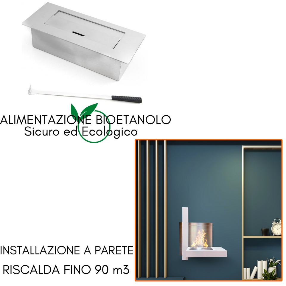 Bruciatore a bioetanolo argento con attrezzo ed esempio a parete.