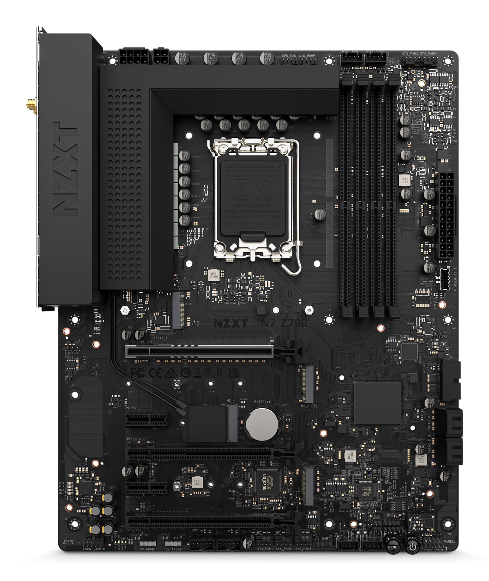 Scheda madre nera NZXT N7 Z790 con socket CPU, slot PCIe e RAM su sfondo bianco.