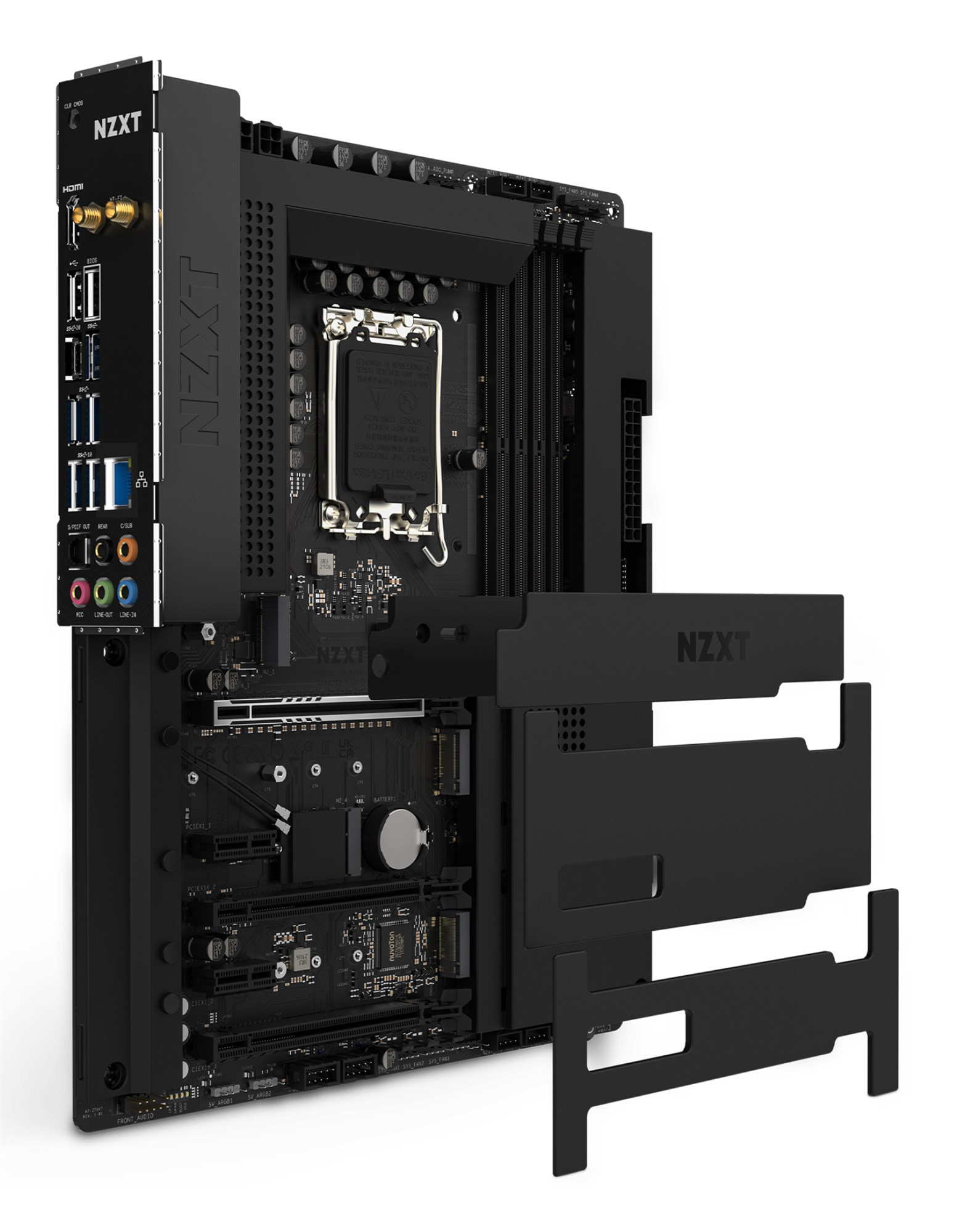 Scheda madre NZXT nera con coperture rimovibili su sfondo bianco.