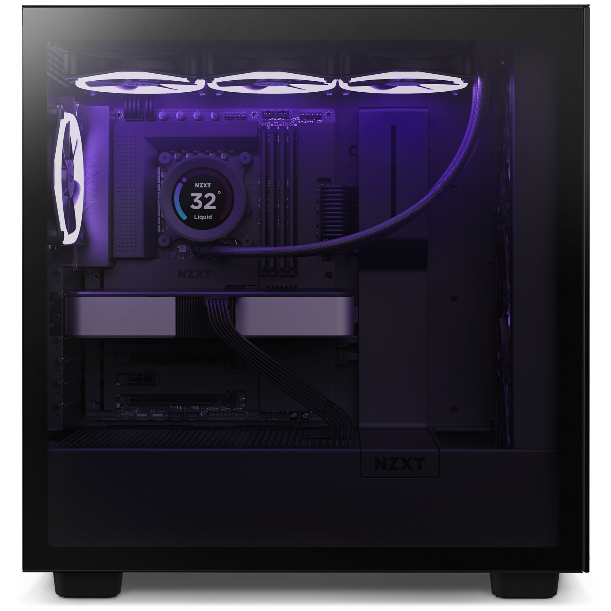 Un case per PC con illuminazione viola, un dissipatore a liquido con display e componenti visibili.