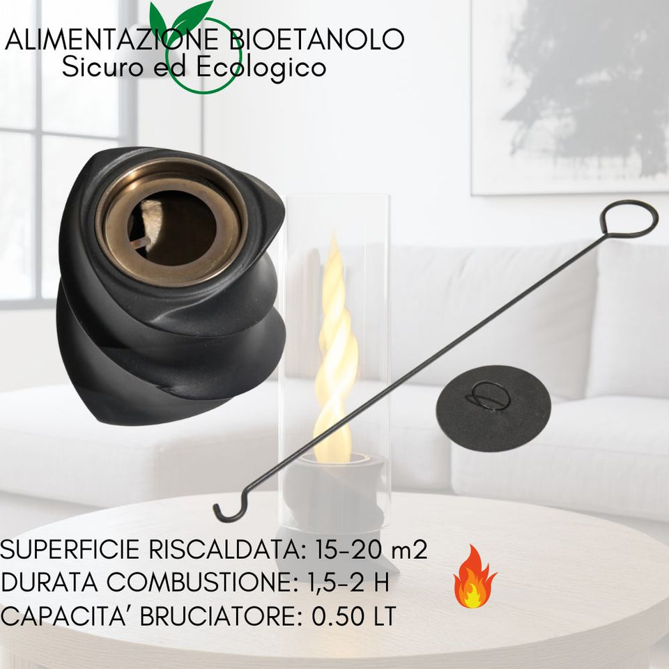 Camino a bioetanolo da tavolo con accessori e testo su sfondo bianco.
