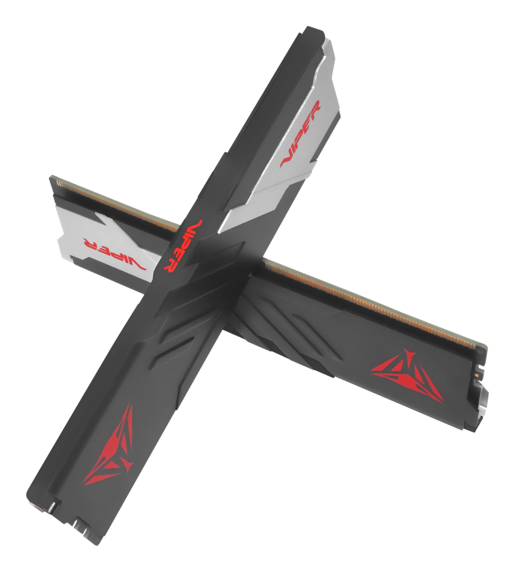 Deux barrettes de RAM noires avec logos rouges Viper et accents argentés croisées sur fond blanc.