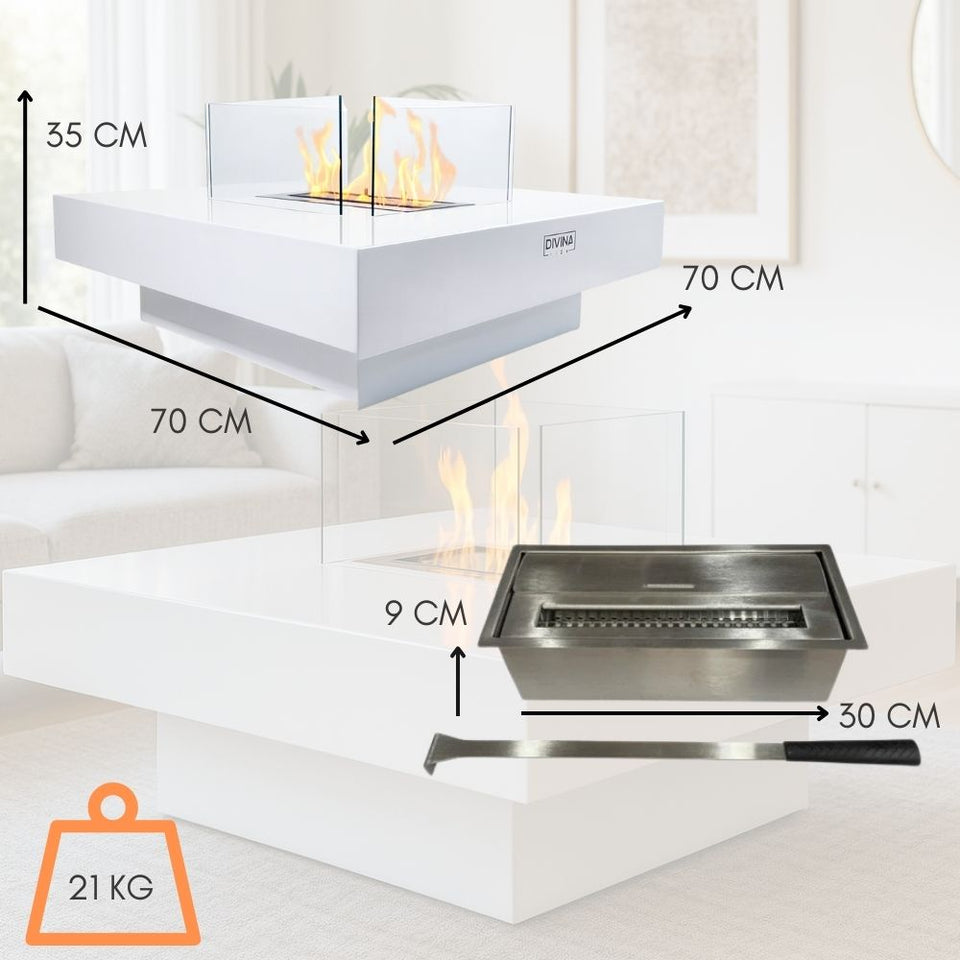 Camino a etanolo bianco con dimensioni: 70x70x35 cm, 21 kg, con bruciatore e asta.