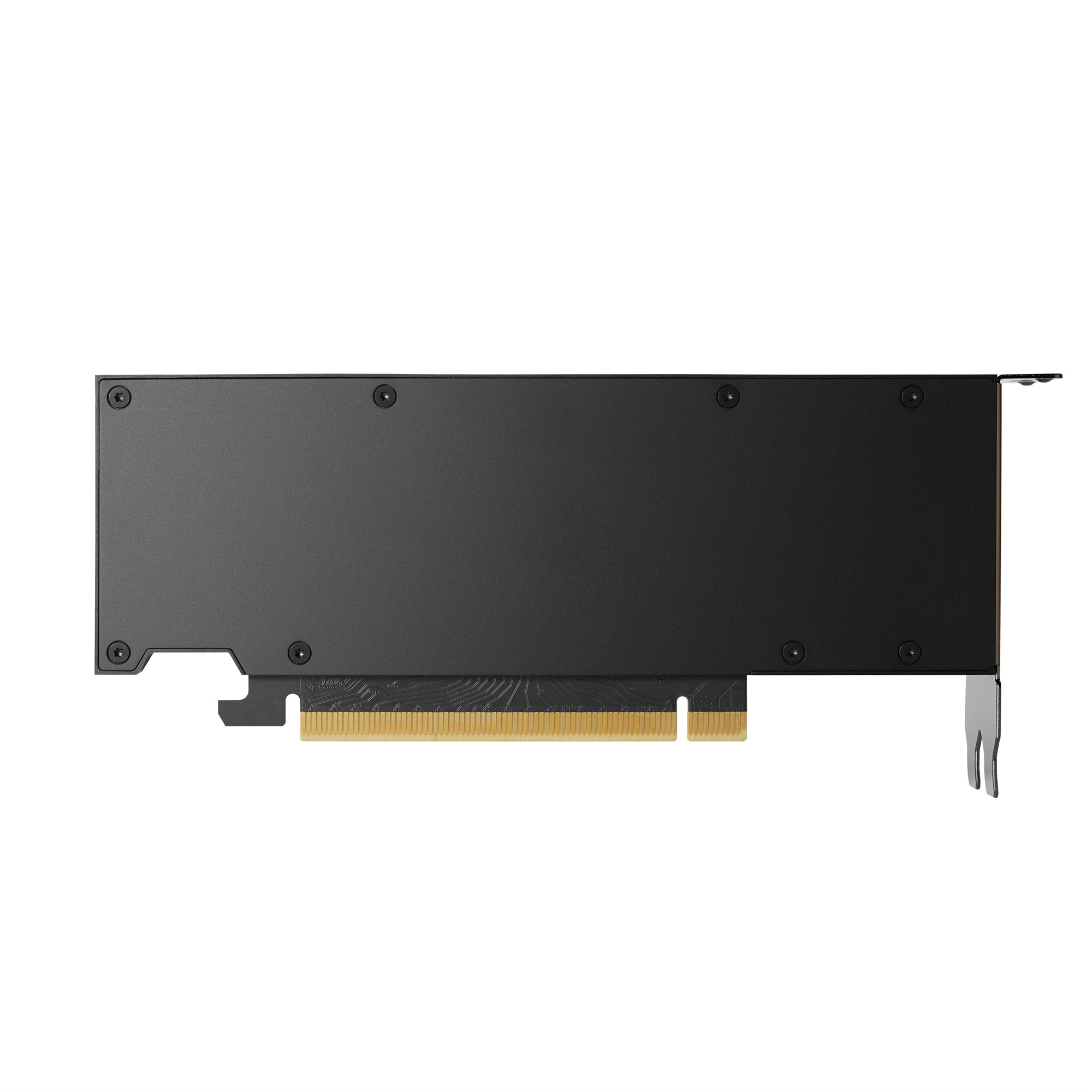 Un backplate per scheda grafica nero con pin PCIe dorati e viti visibili su sfondo bianco.