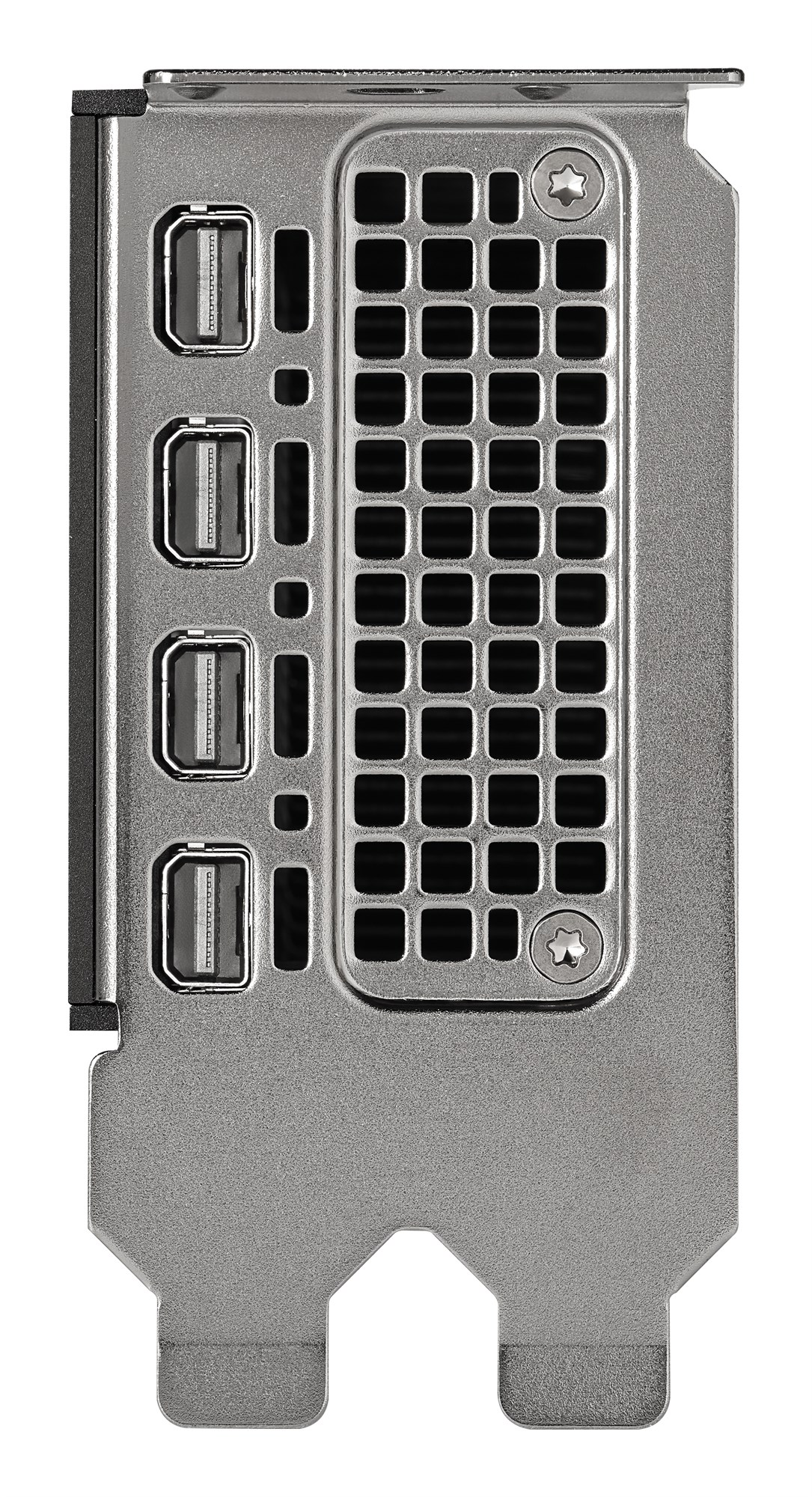 Staffa I/O in metallo di una scheda grafica con quattro connettori DisplayPort e una griglia di ventilazione.
