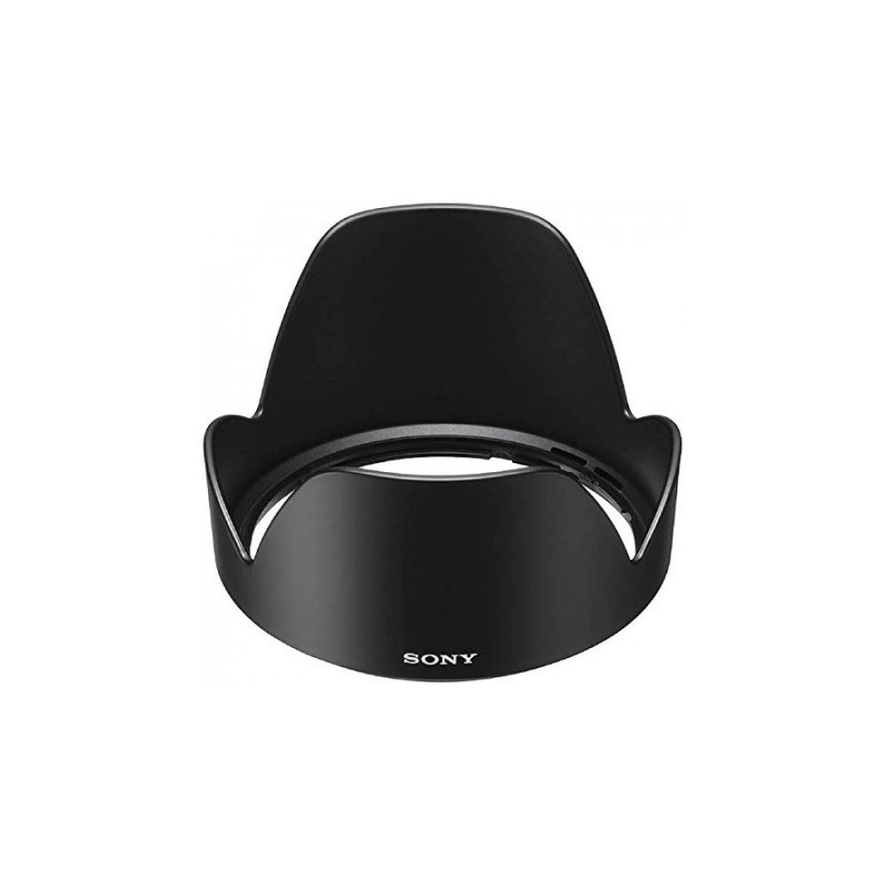 Schwarze Sony-Kamerablende auf neutralem weißem Hintergrund.