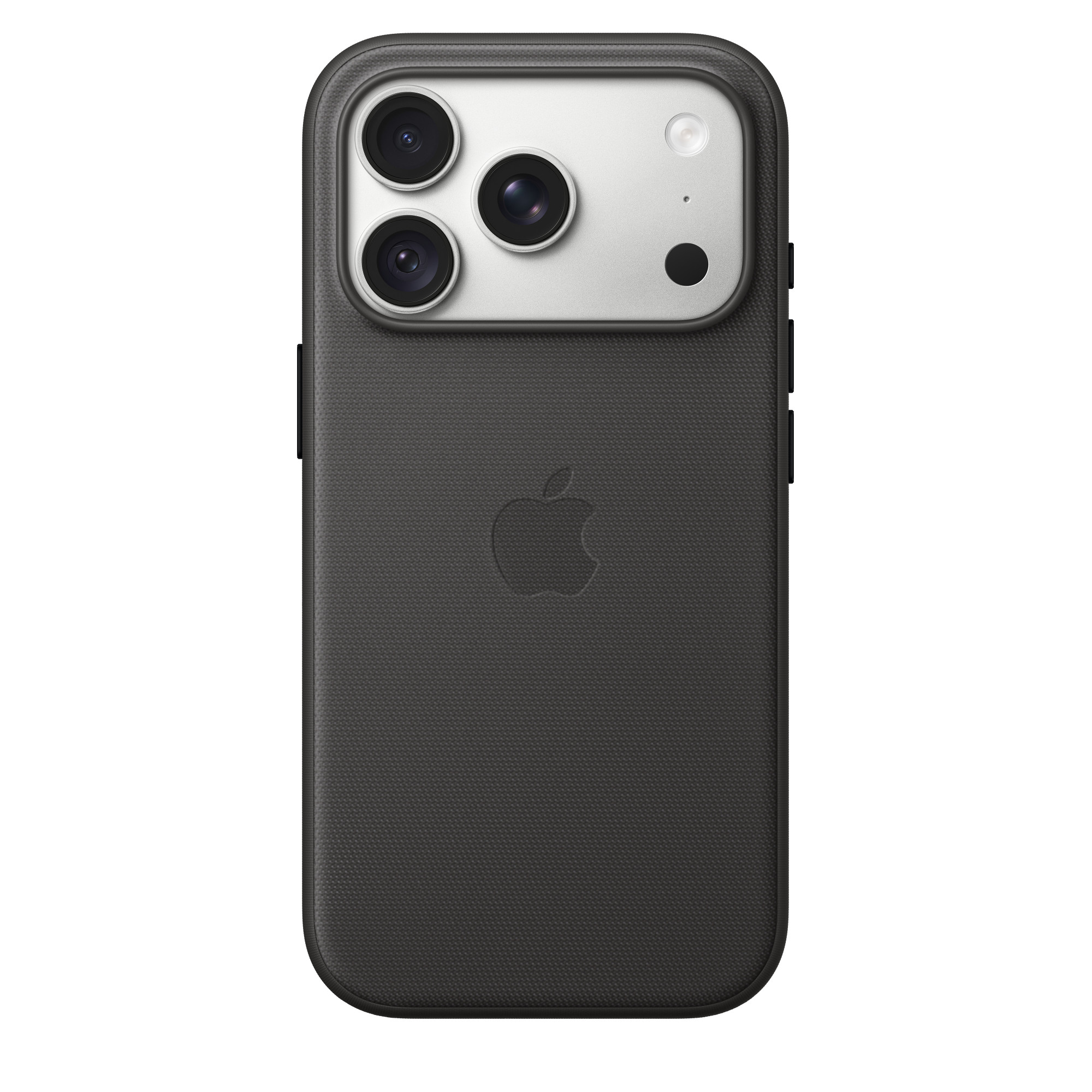 Una funda de móvil negra con una isla de cámara plateada, tres lentes y el logotipo de Apple en la parte trasera.