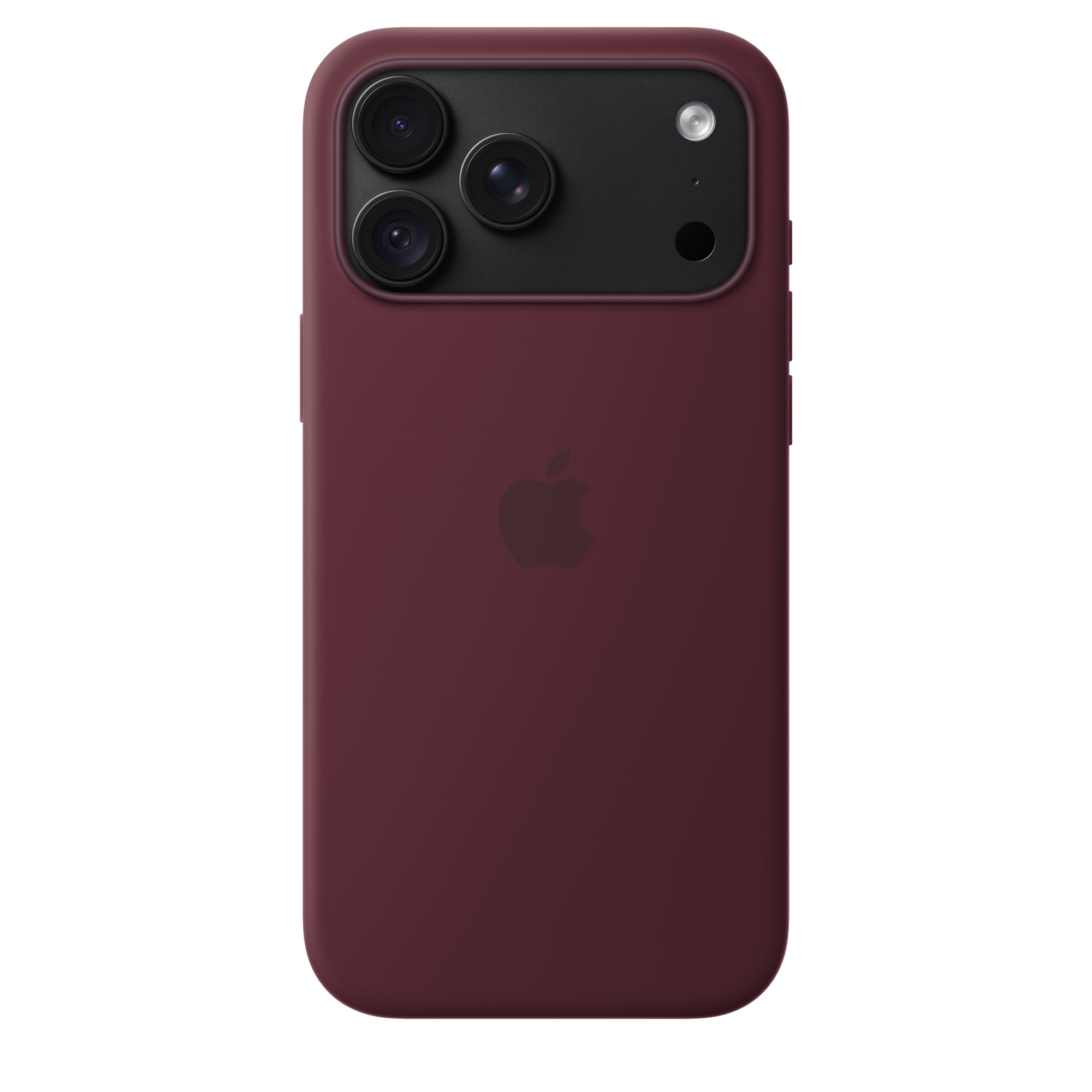 Achterkant van een donkerrode smartphone met zwarte cameramodule met drie lenzen, flitser, sensor en Apple-logo.