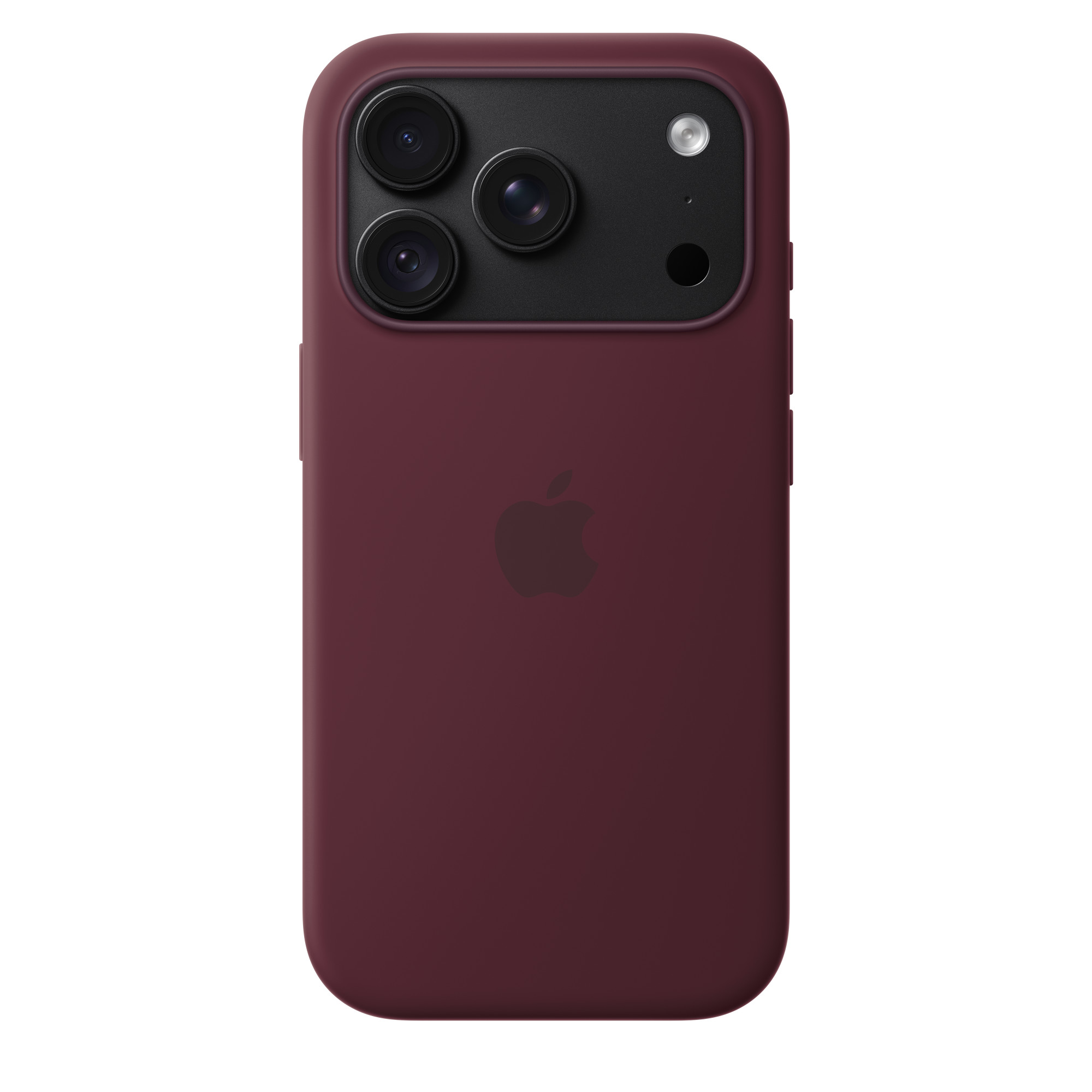 Retro di uno smartphone rosso scuro con tripla fotocamera e logo Apple al centro.