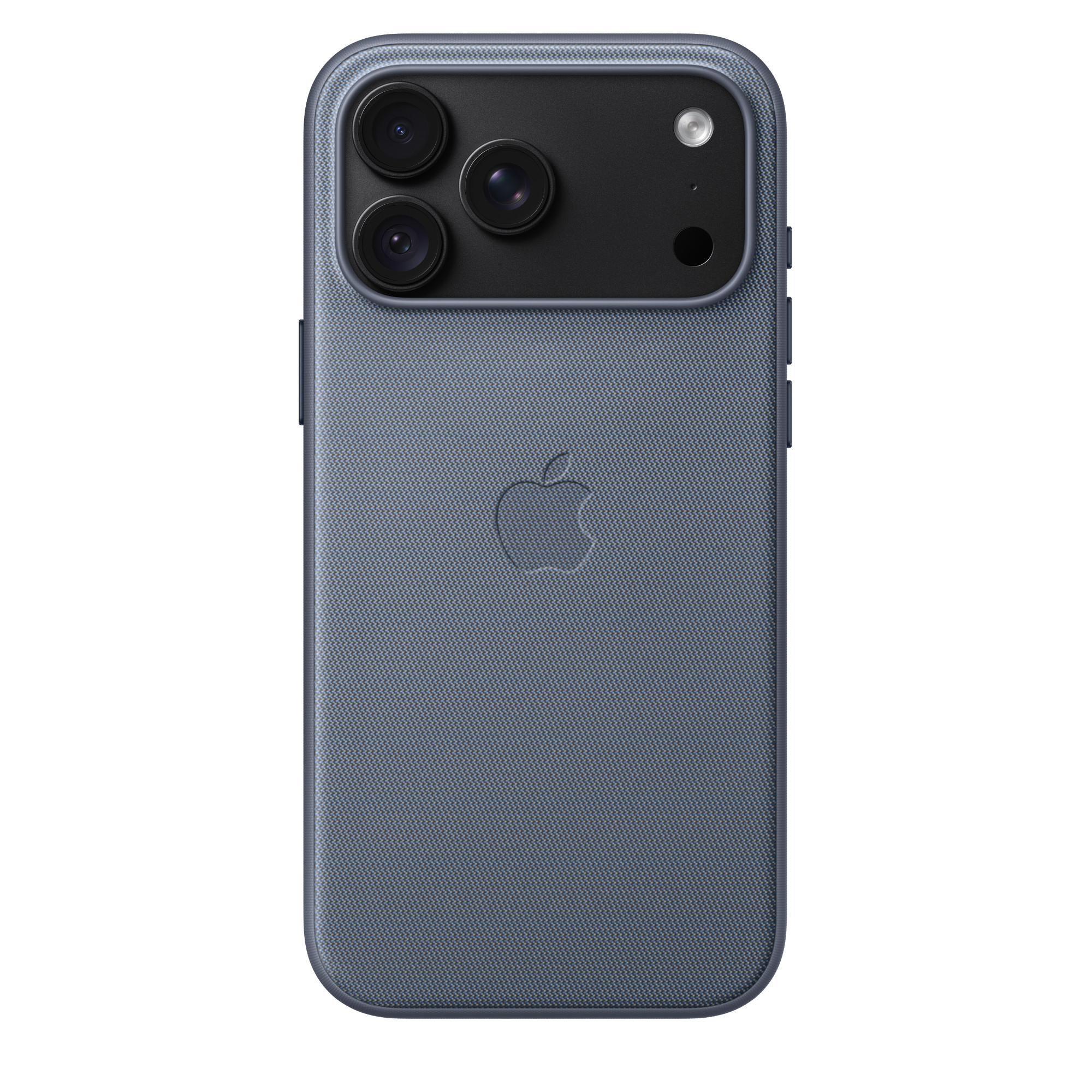 Parte trasera de un smartphone azul texturizado con logo de Apple y triple cámara.