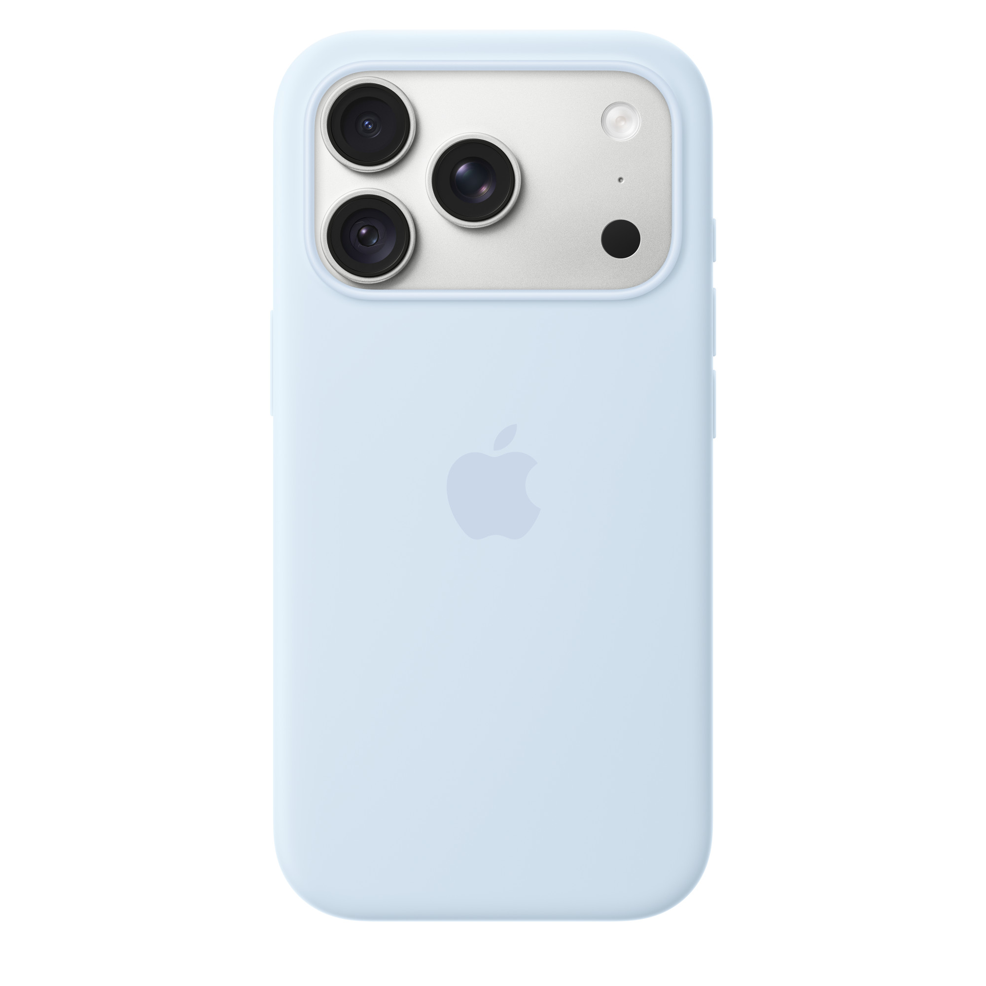 Une coque de smartphone bleu clair avec le logo Apple et un module photo argenté contenant trois objectifs.