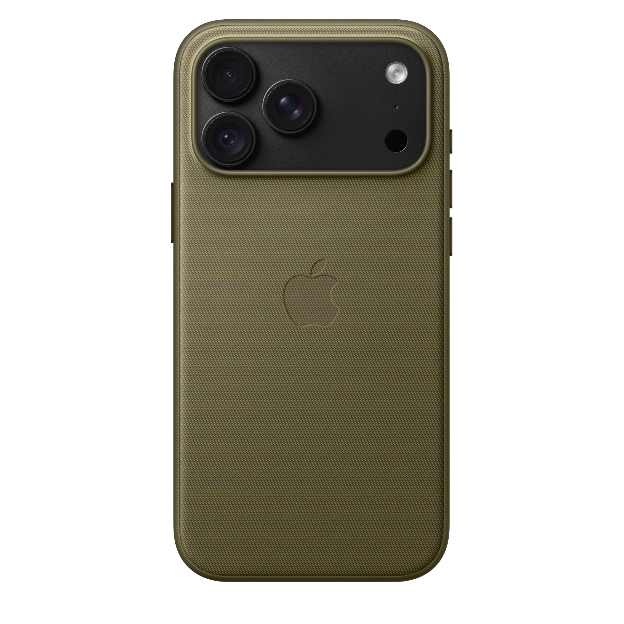 Custodia per iPhone in tessuto verde oliva con tripla fotocamera nera e logo Apple in rilievo.