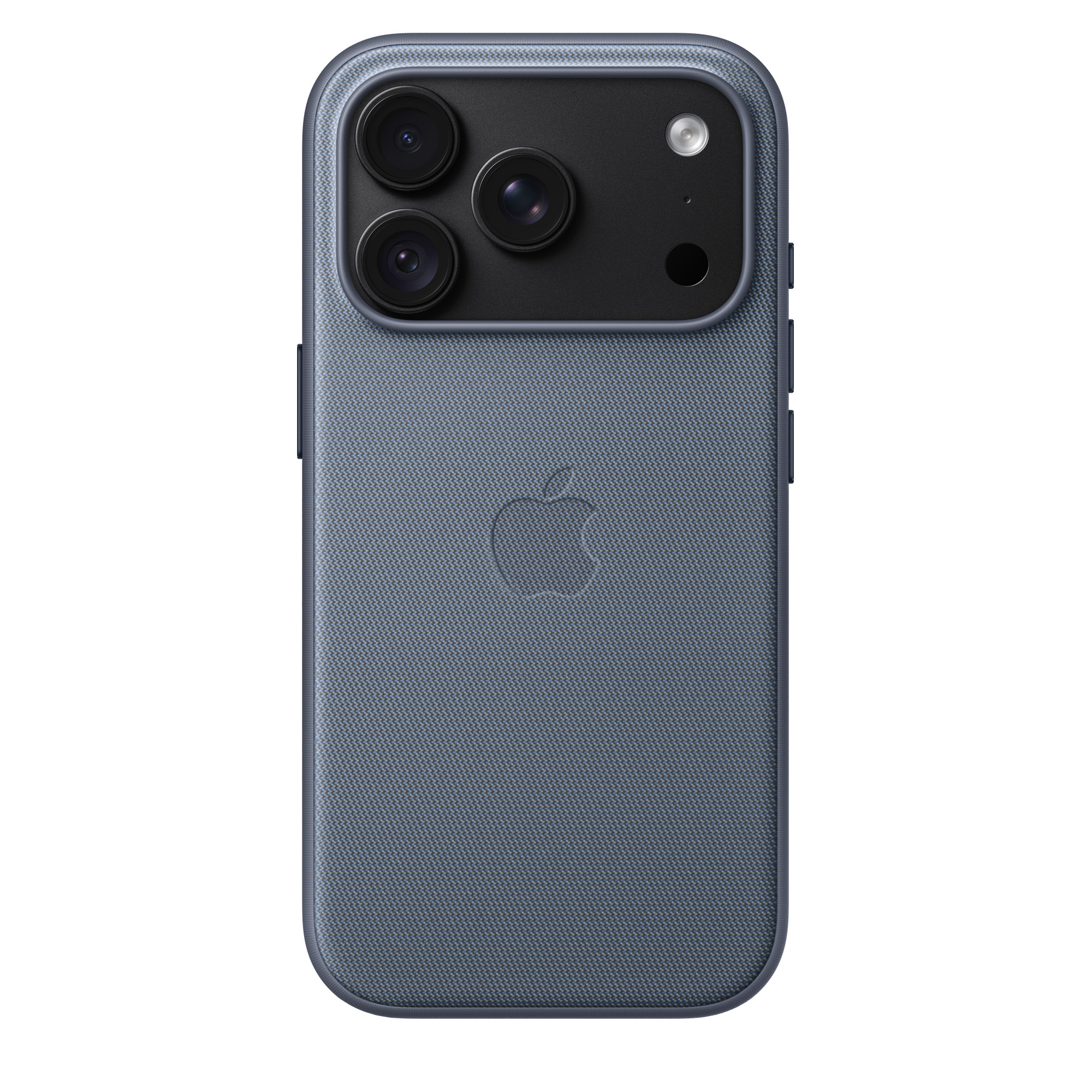 Parte trasera de un smartphone azul con triple cámara y logotipo de Apple.