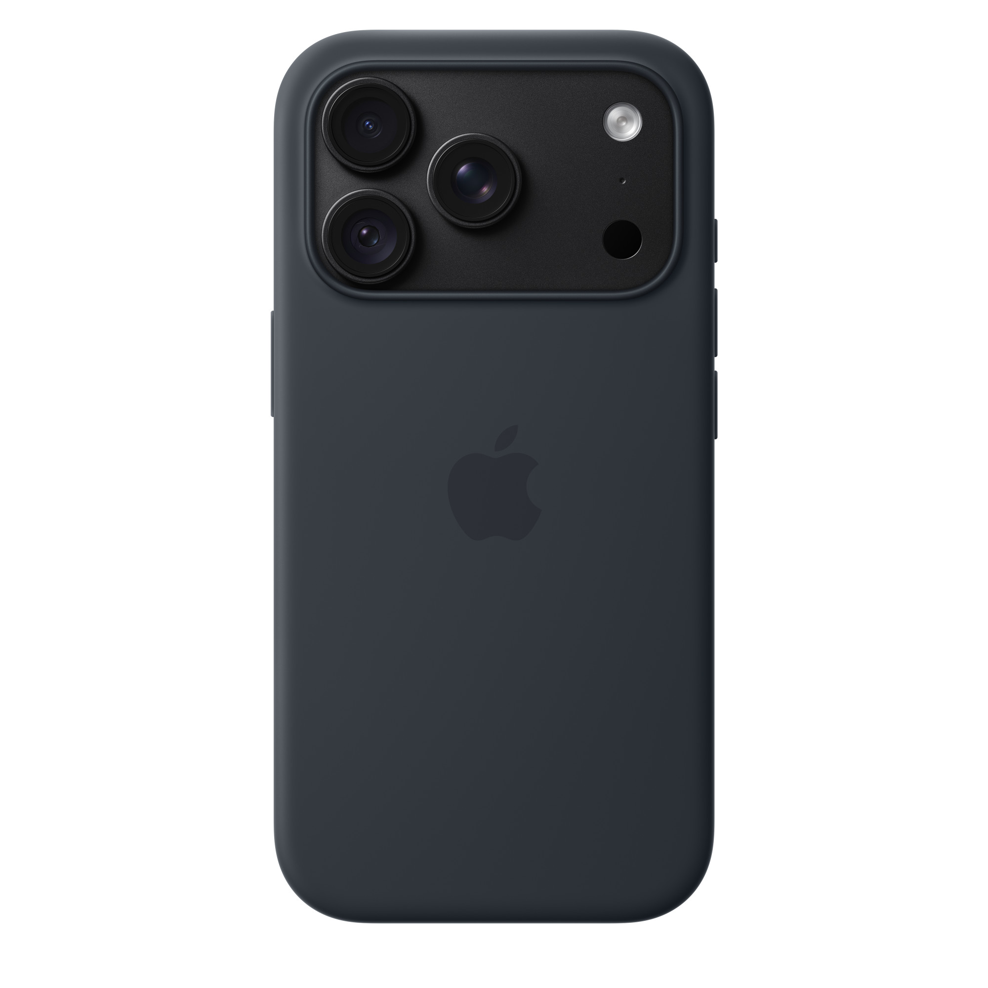 Parte trasera de un smartphone negro con lente de triple cámara y logotipo de Apple.