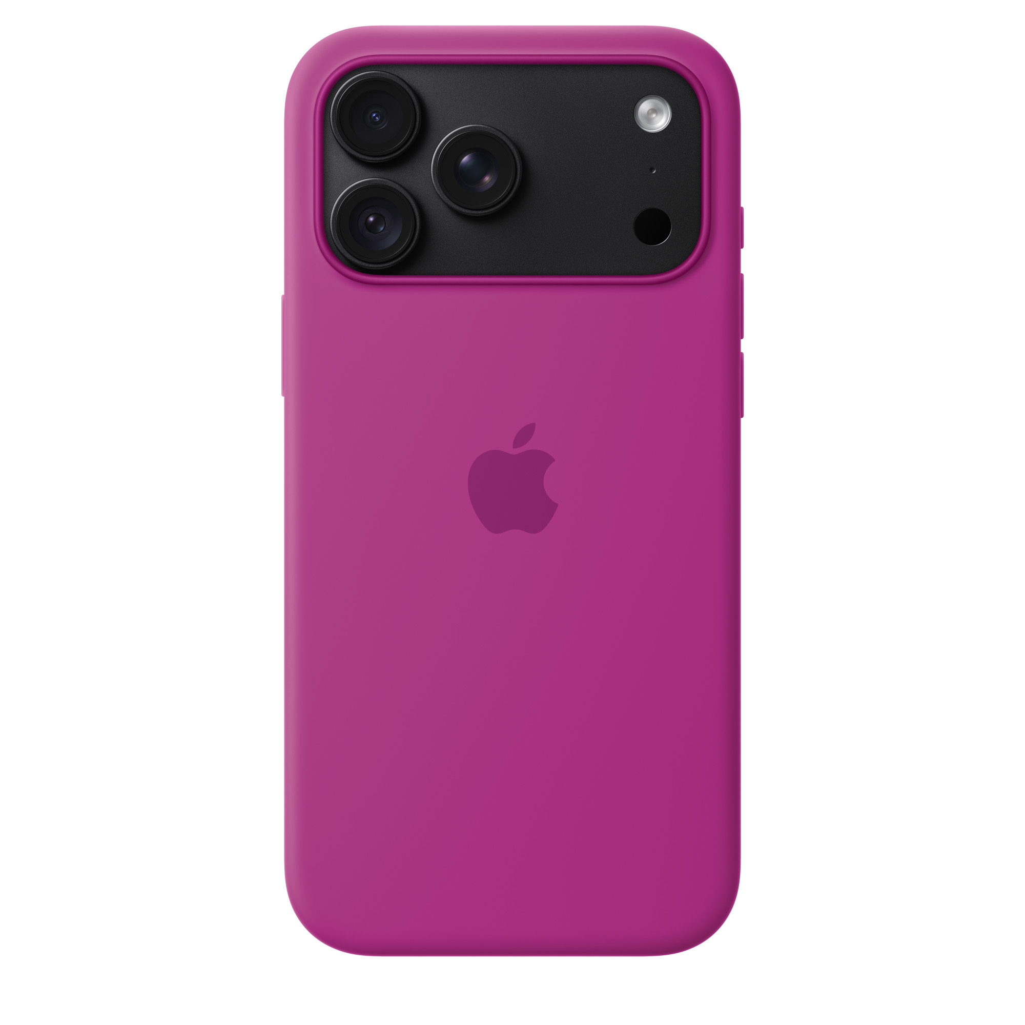Rückseite eines pinken Smartphones in einer Hülle mit Apple-Logo und drei Kameras oben.