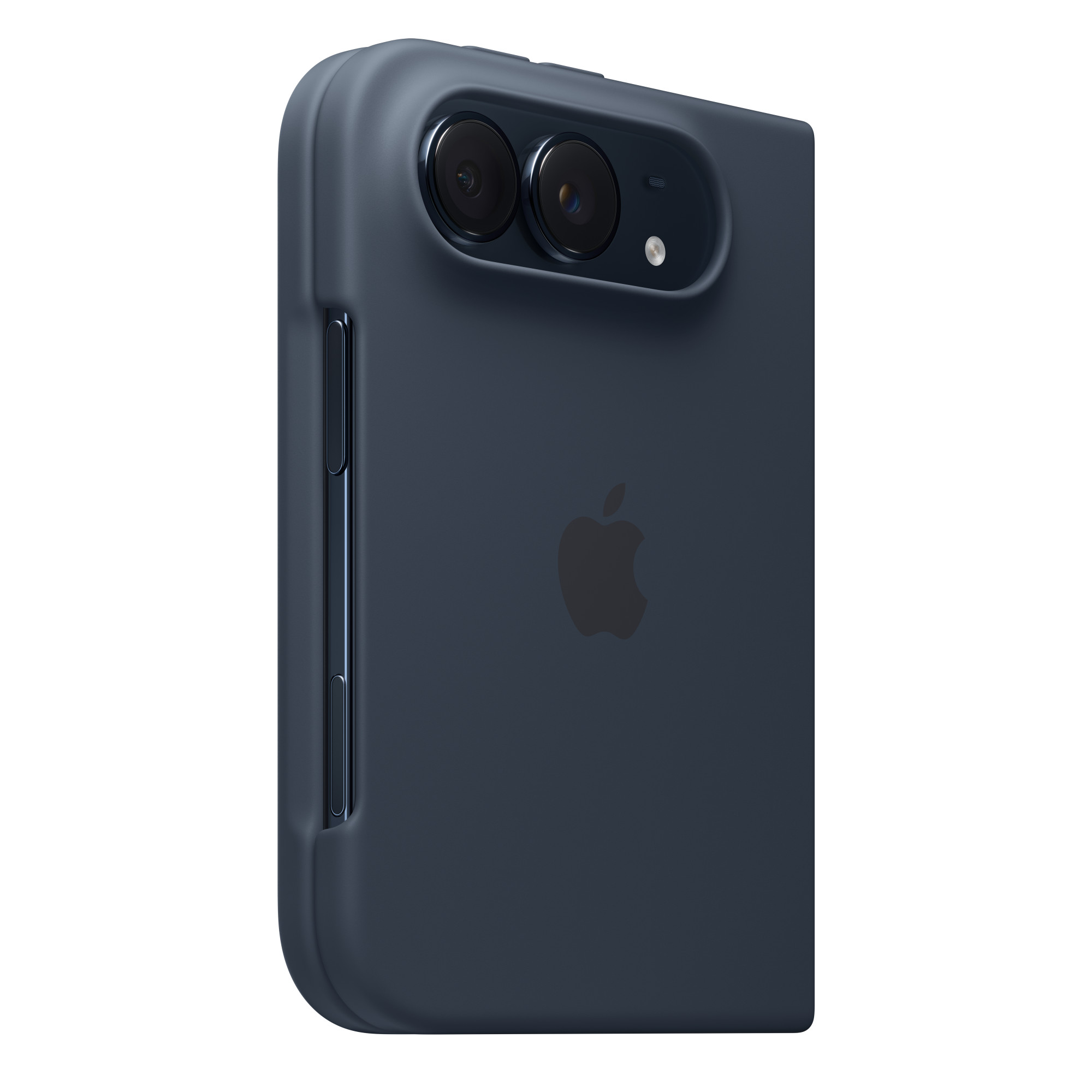 Custodia per smartphone grigio scuro con due fotocamere e logo Apple su sfondo bianco.