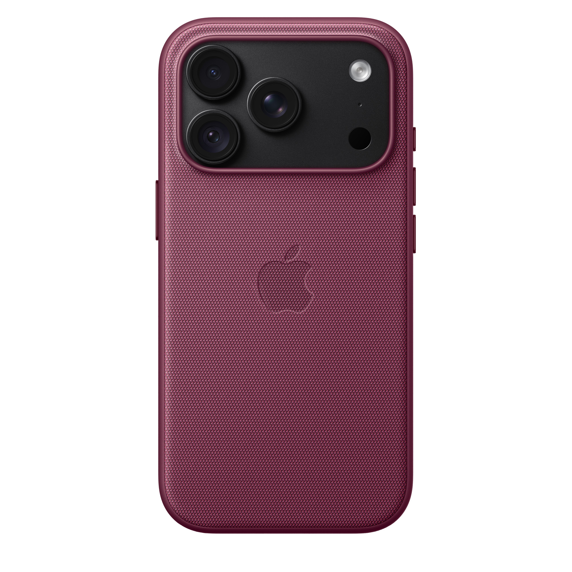 Retro di uno smartphone rosso con custodia intrecciata, tre fotocamere e logo Apple.