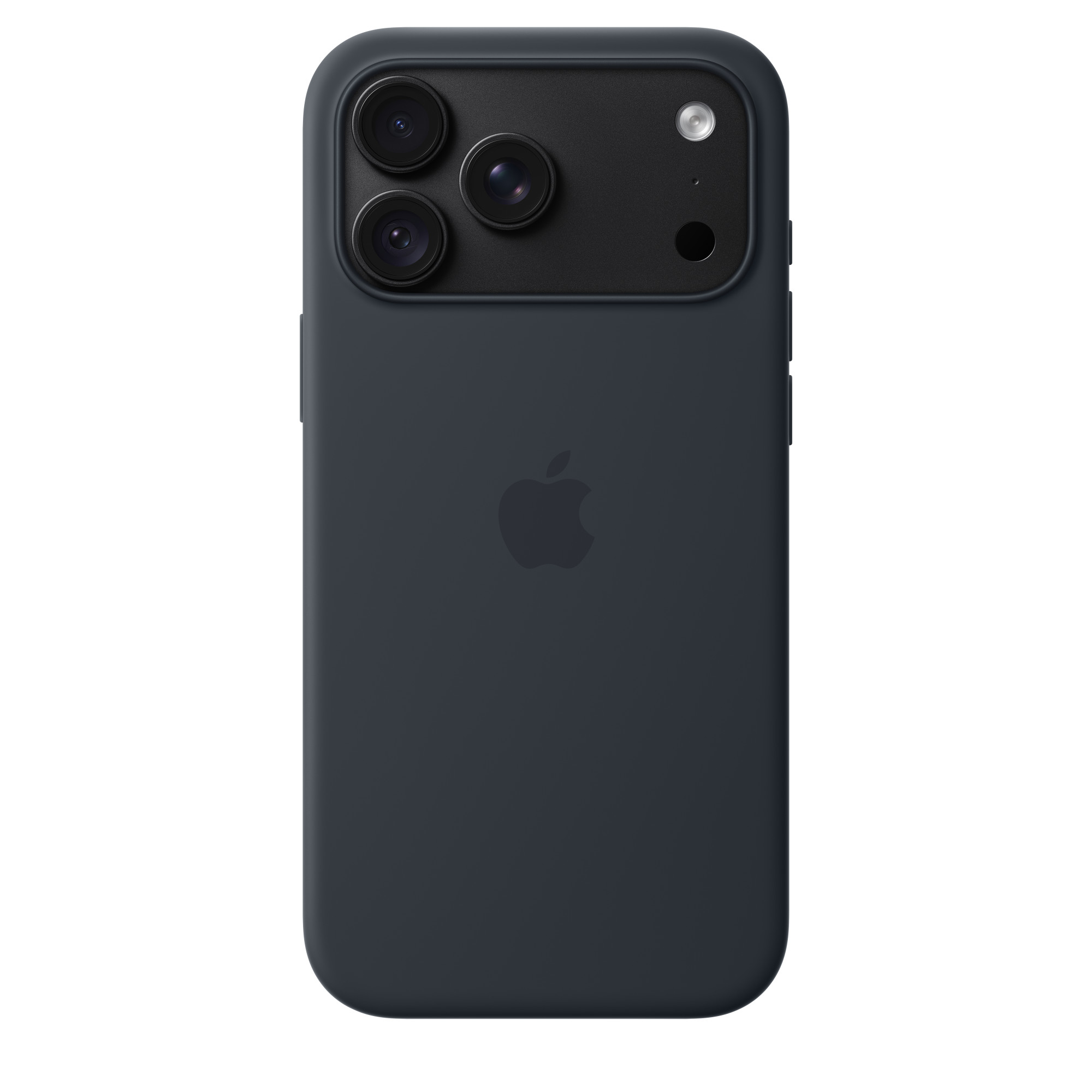 Dunkelgraue Smartphone-Rückseite mit drei Kameralinsen im oberen Bereich und Apple-Logo.
