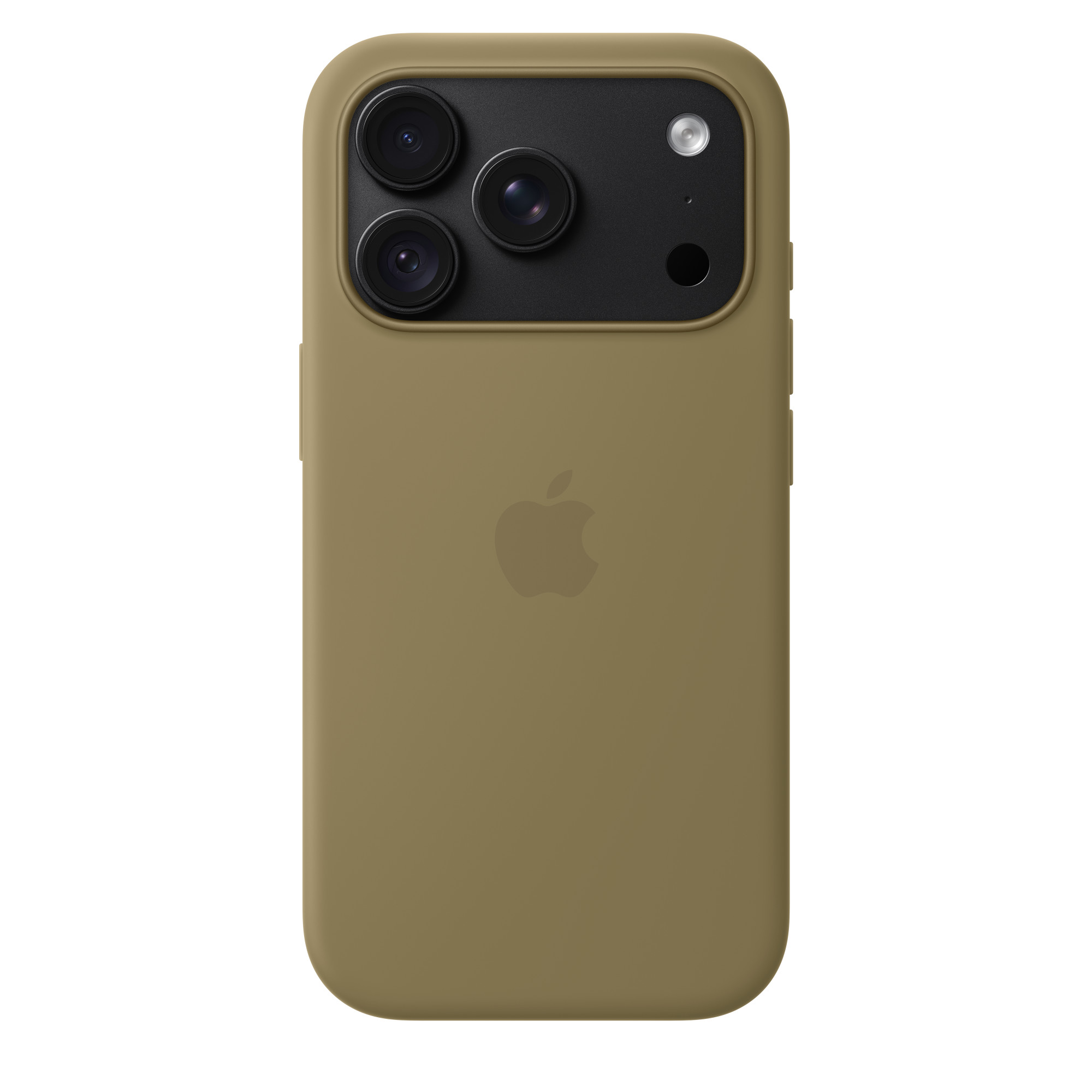 Coque de smartphone vert olive avec module photo noir à trois objectifs et logo Apple au dos.