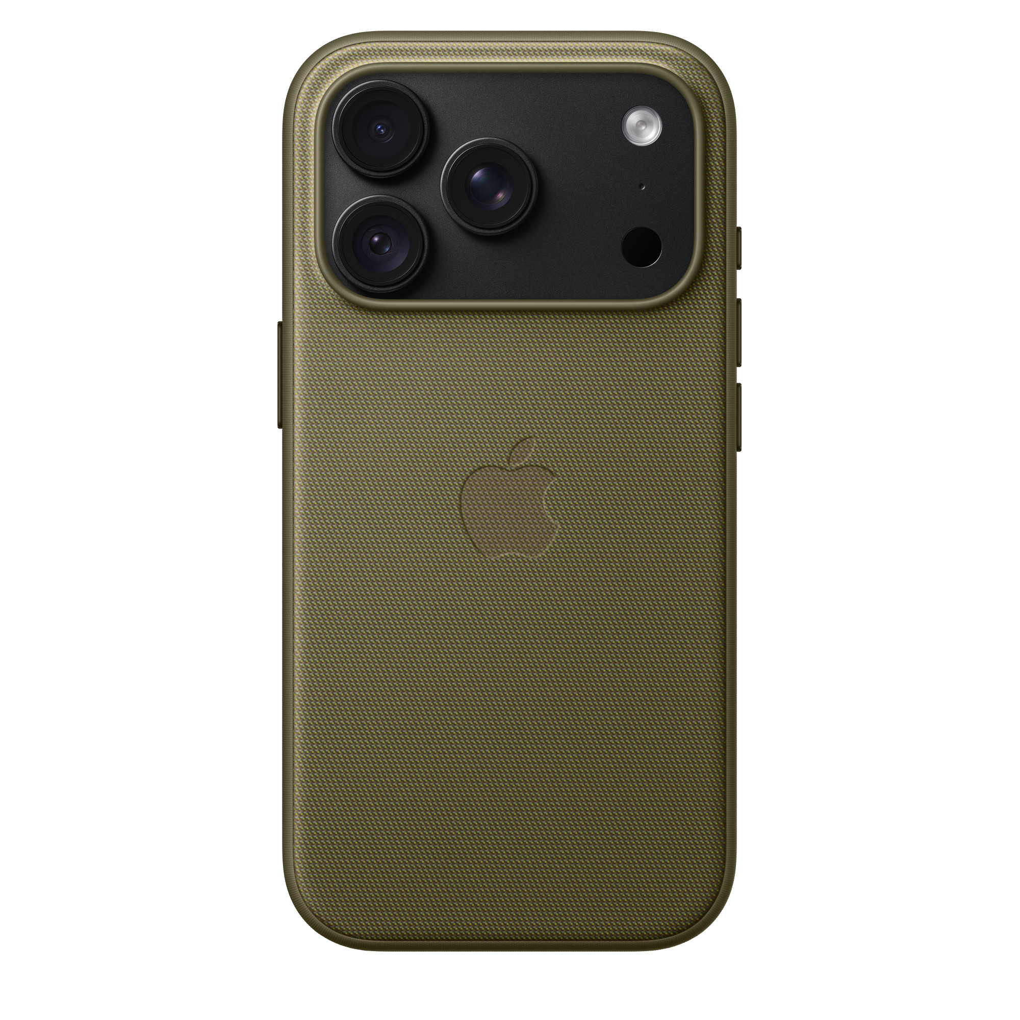 Retro di uno smartphone in tessuto verde oliva con tripla fotocamera e logo Apple.