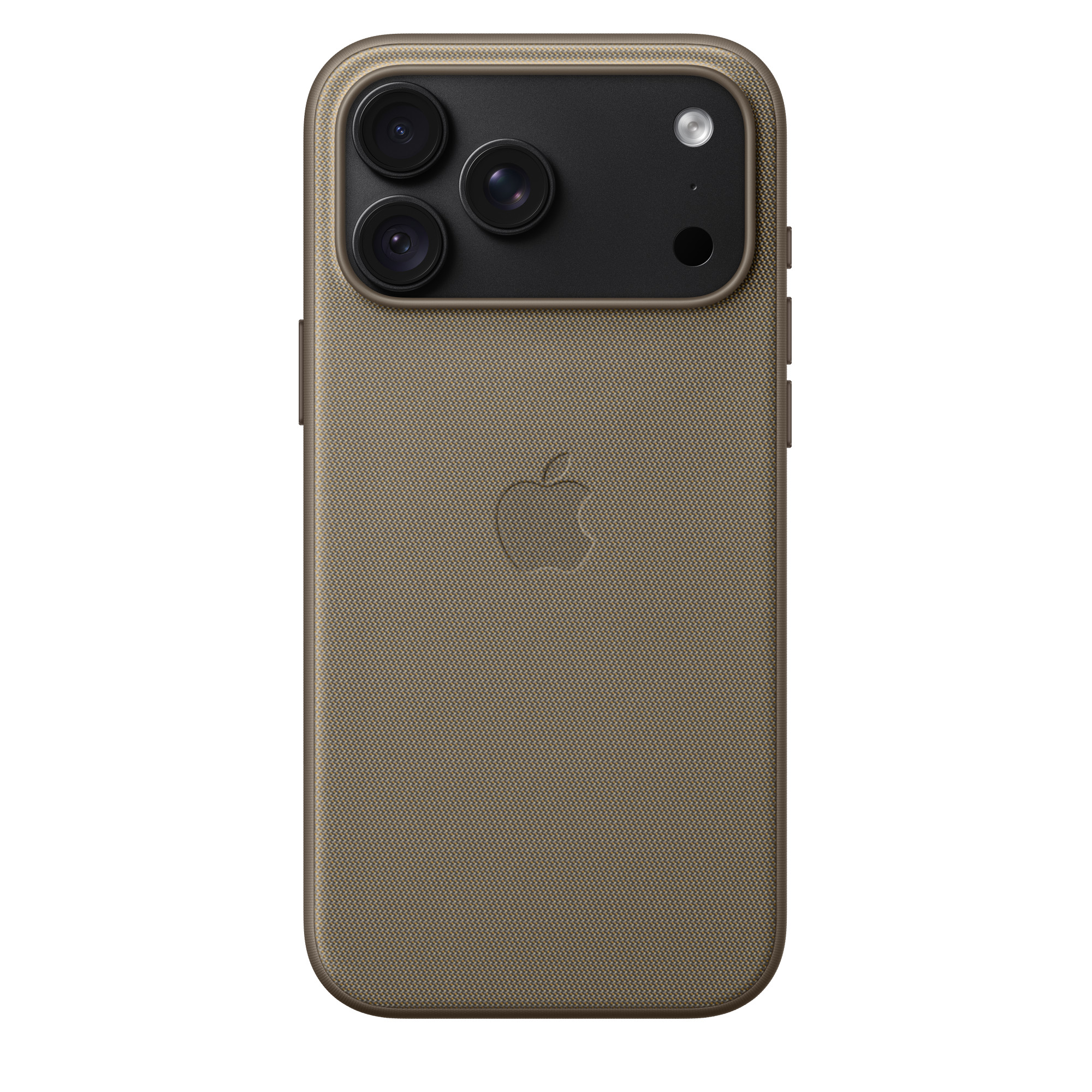 Dos d'un iPhone marron avec coque en tissu, logo Apple et triple caméra.