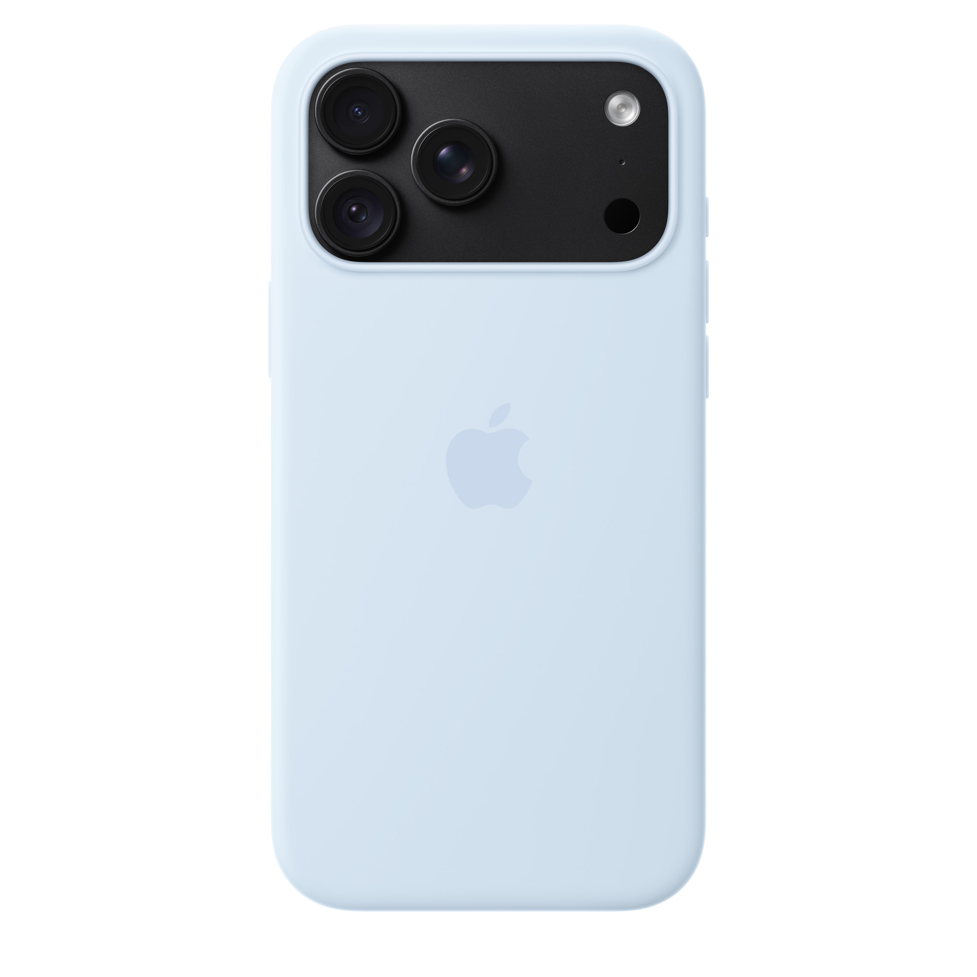 Rückseite eines hellblauen iPhones mit einer quadratischen schwarzen Kamerainsel mit drei Linsen und einem Apple-Logo.