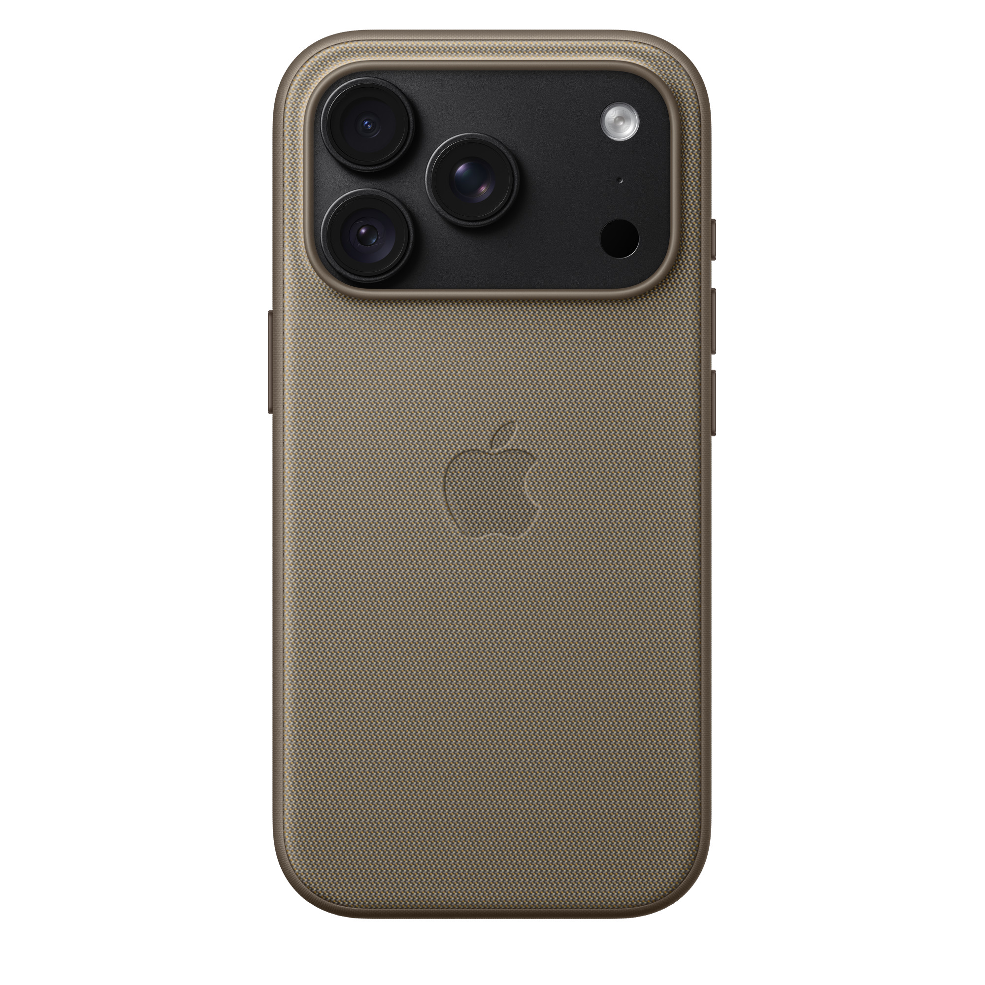 Retro di un iPhone marrone in custodia di tessuto, con tre fotocamere, flash e logo Apple.