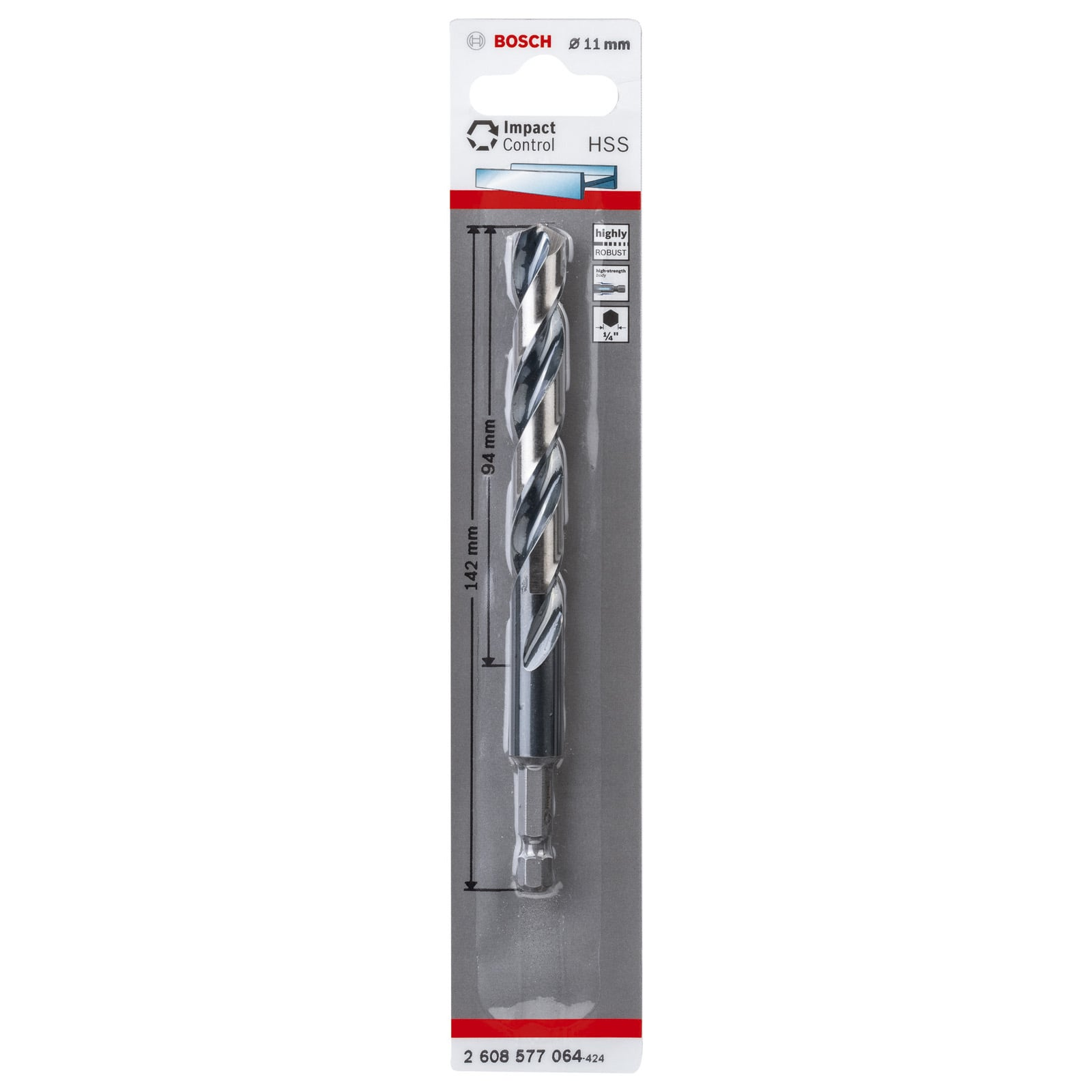 Eine Bosch 11mm HSS Impact Control Bohrmaschine in Originalverpackung auf grauem Hintergrund.