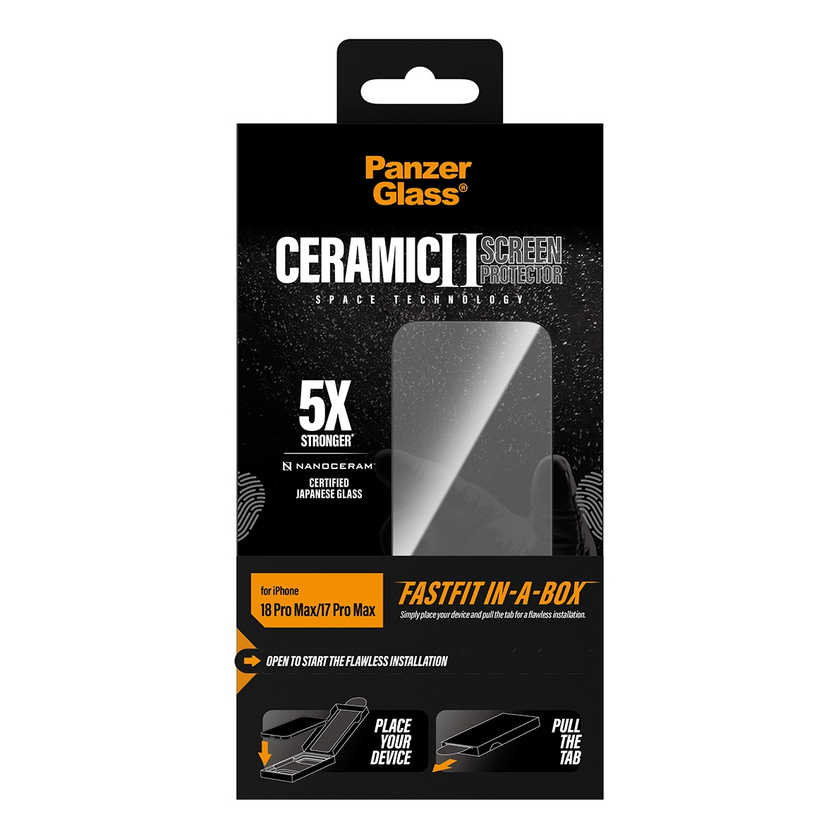 Scatola di protezione dello schermo PanzerGlass Ceramic per iPhone con grafica di installazione.