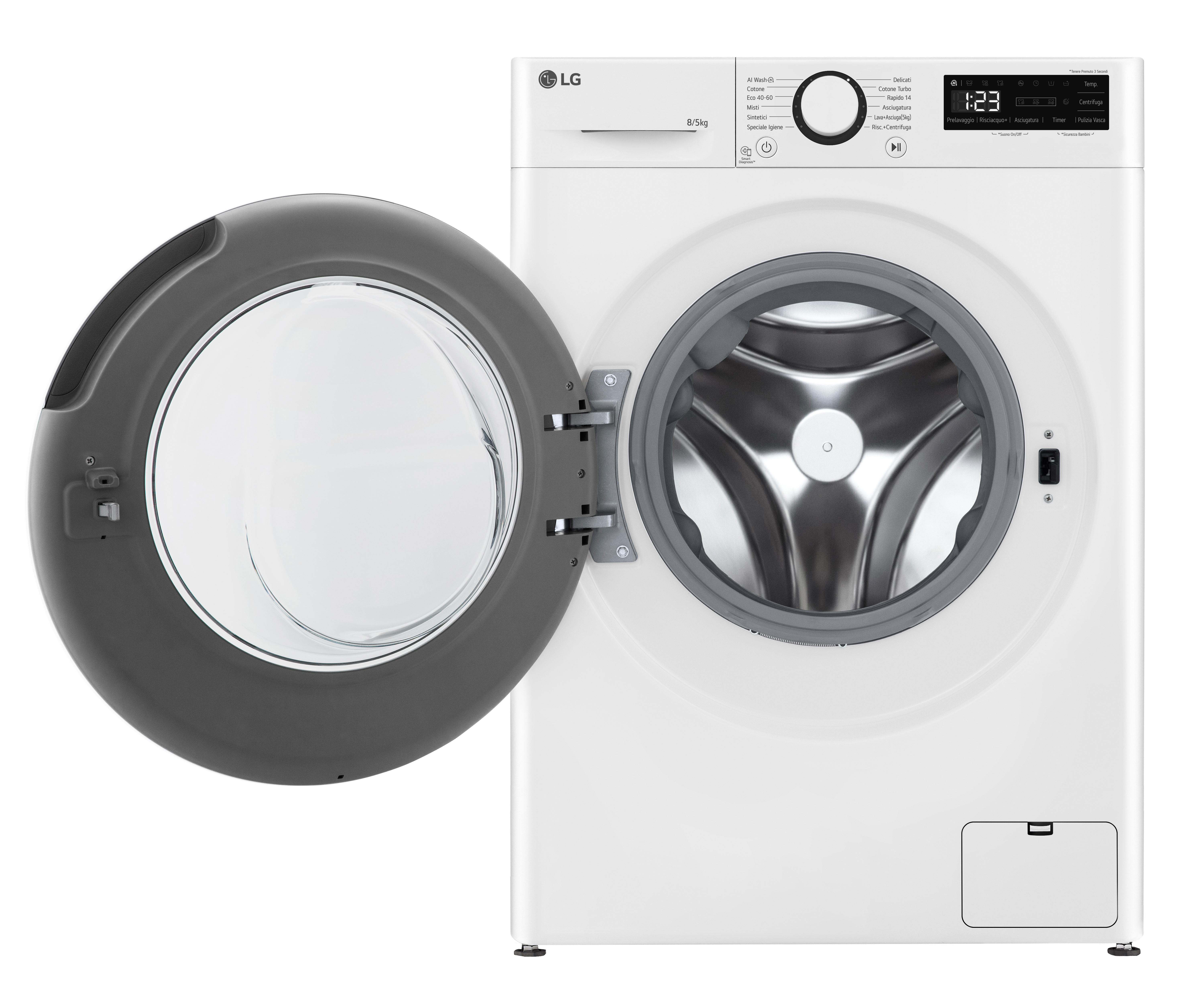 Lavatrice a carica frontale LG bianca con sportello grigio aperto e cestello in acciaio inox su sfondo bianco.