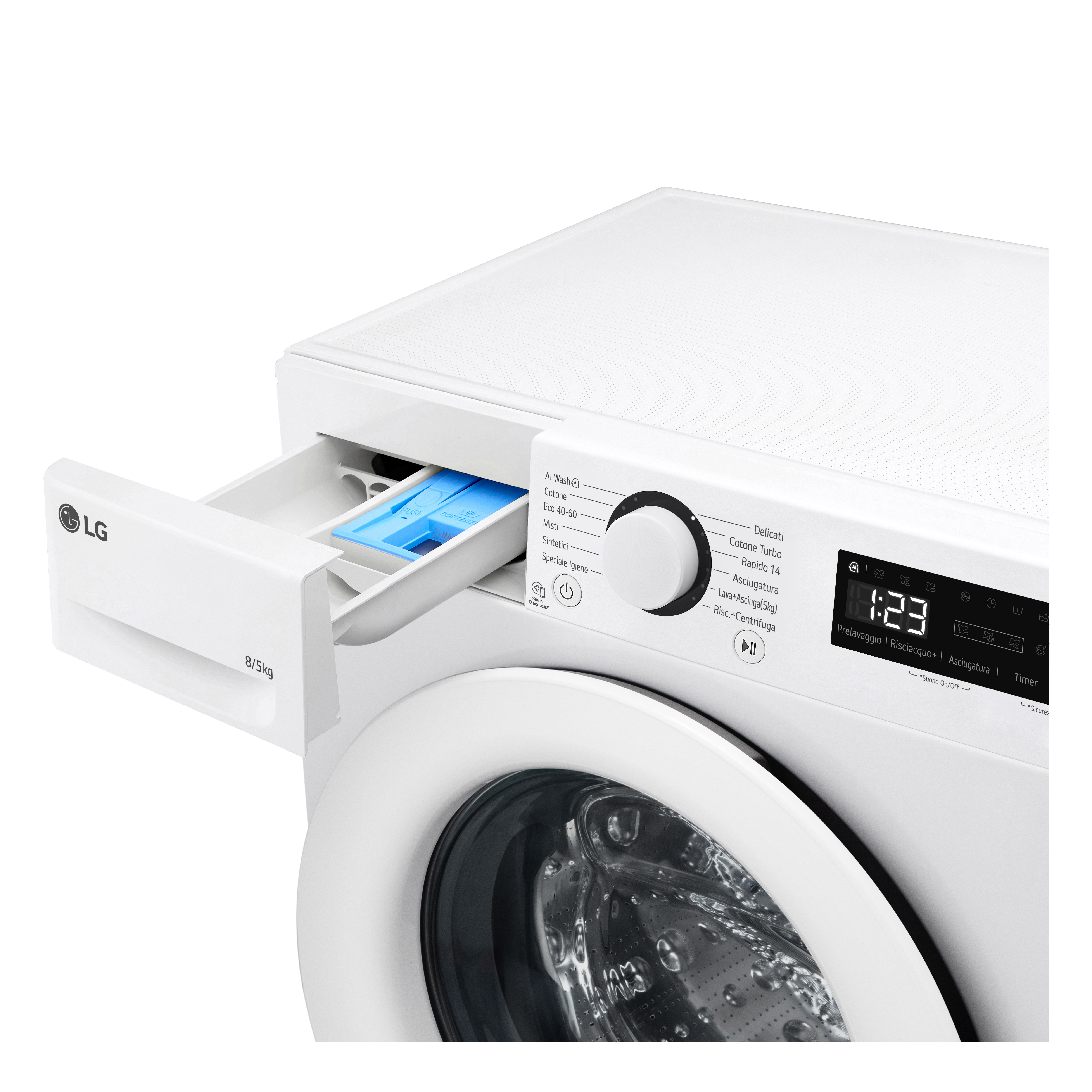 Una lavatrice LG bianca con cassetto del detersivo aperto, manopola e display digitale.