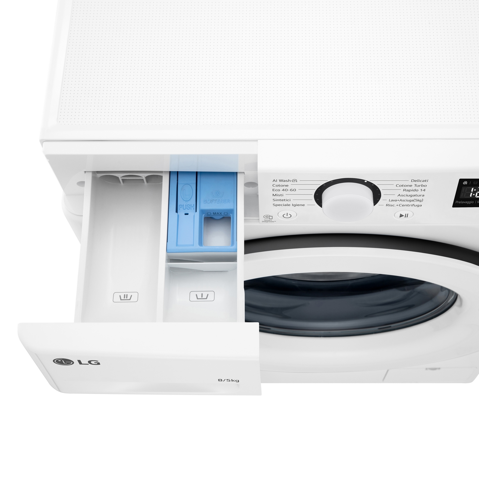 Lavatrice bianca LG con cassetto del detersivo blu aperto e pannello di controllo.