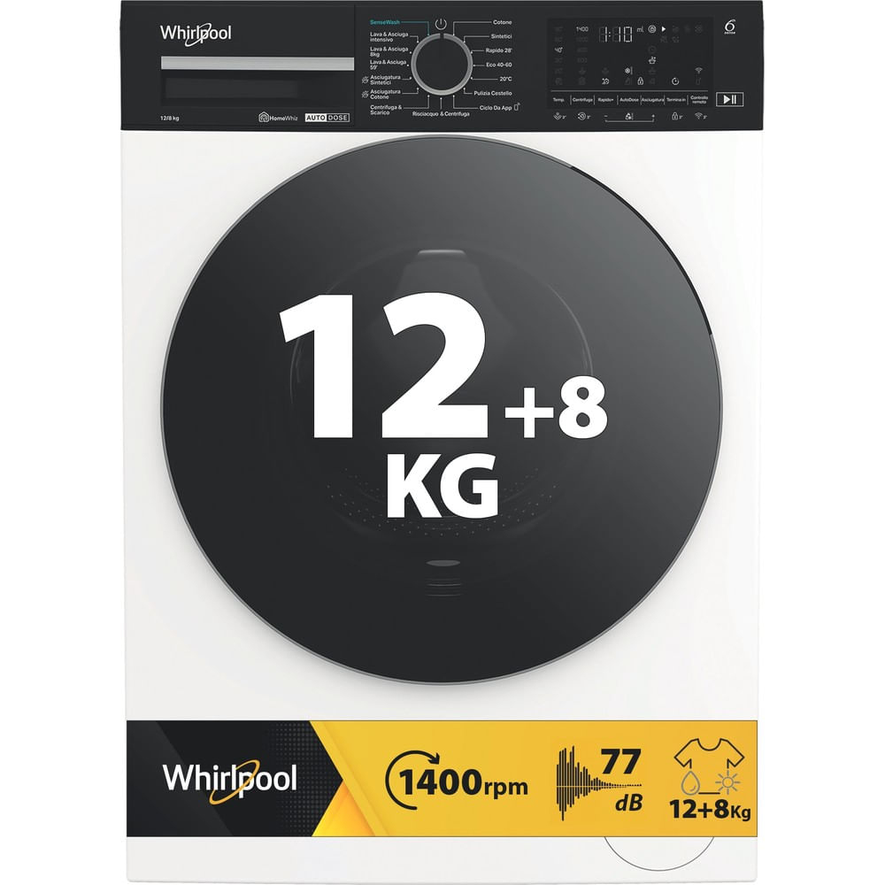 Lavatrice bianca Whirlpool con oblò nero che mostra capacità di 12+8 kg.