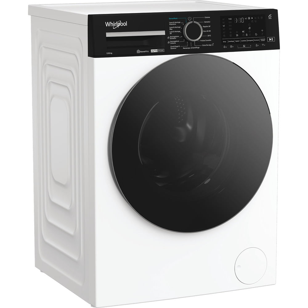 Una lavatrice bianca Whirlpool con pannello di controllo nero e oblò scuro su sfondo bianco.