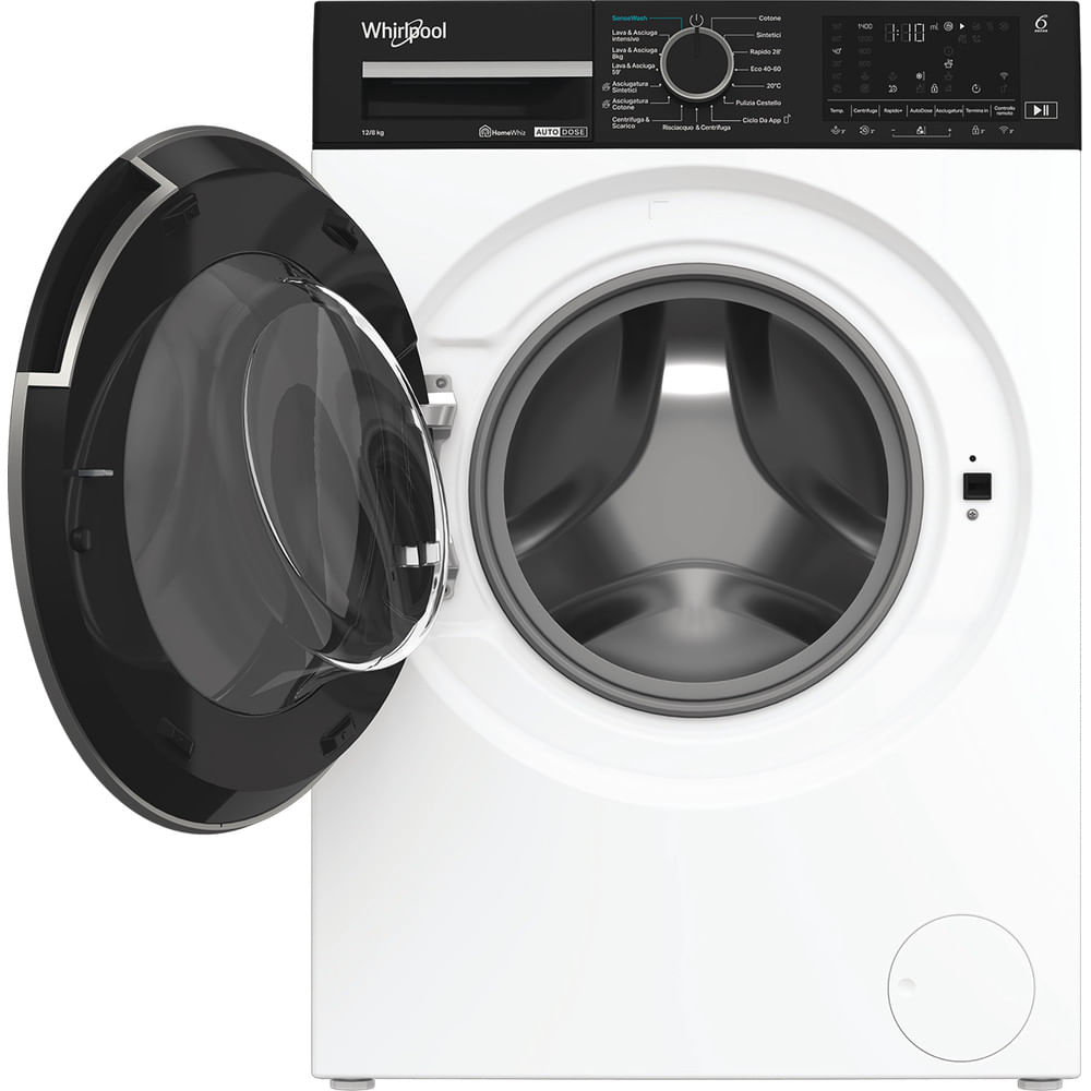 Lavatrice Whirlpool bianca con pannello di controllo superiore nero e porta in vetro aperta.