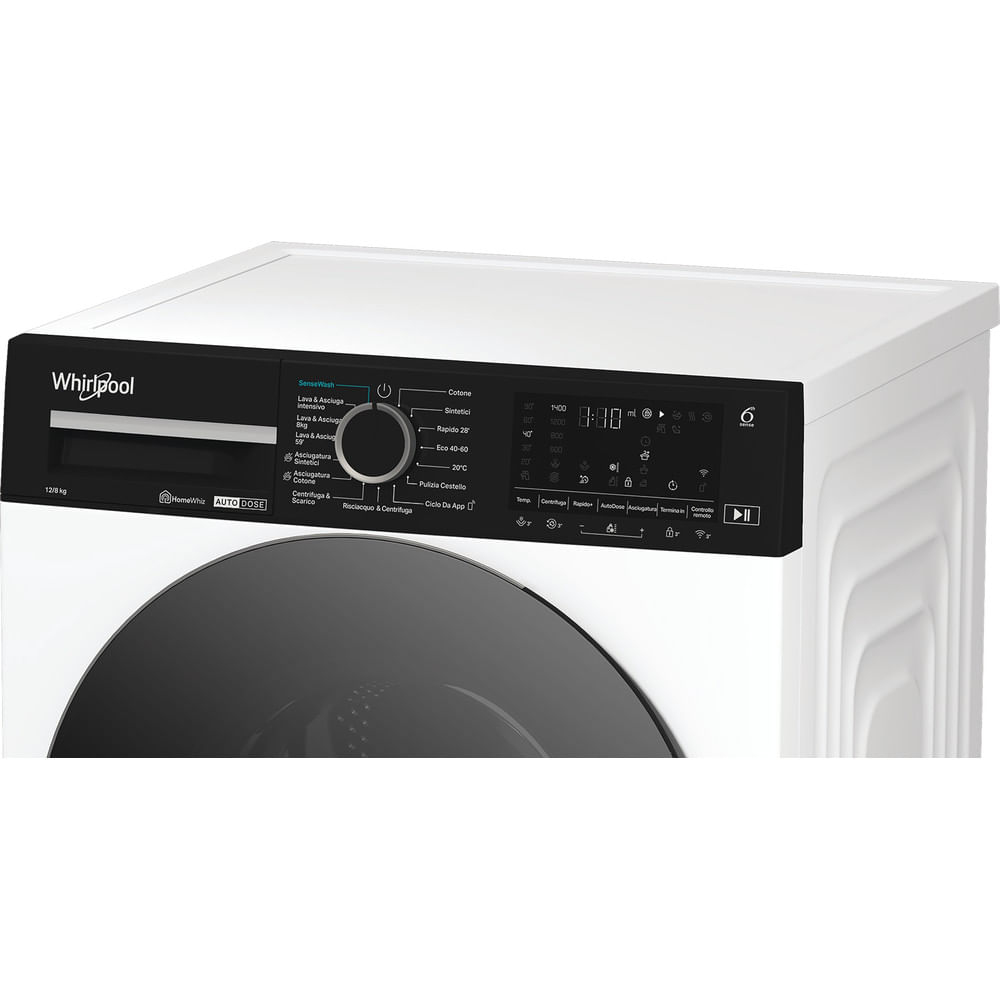 Una lavatrice Whirlpool bianca con pannello di controllo nero, manopola centrale e display digitale.