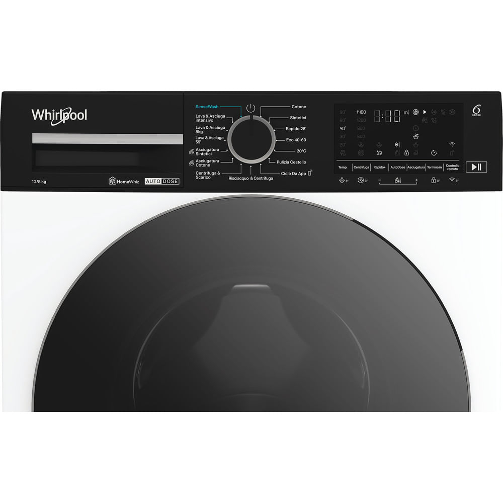 Vista frontale di una lavatrice Whirlpool bianca con pannello di controllo nero e oblò scuro.