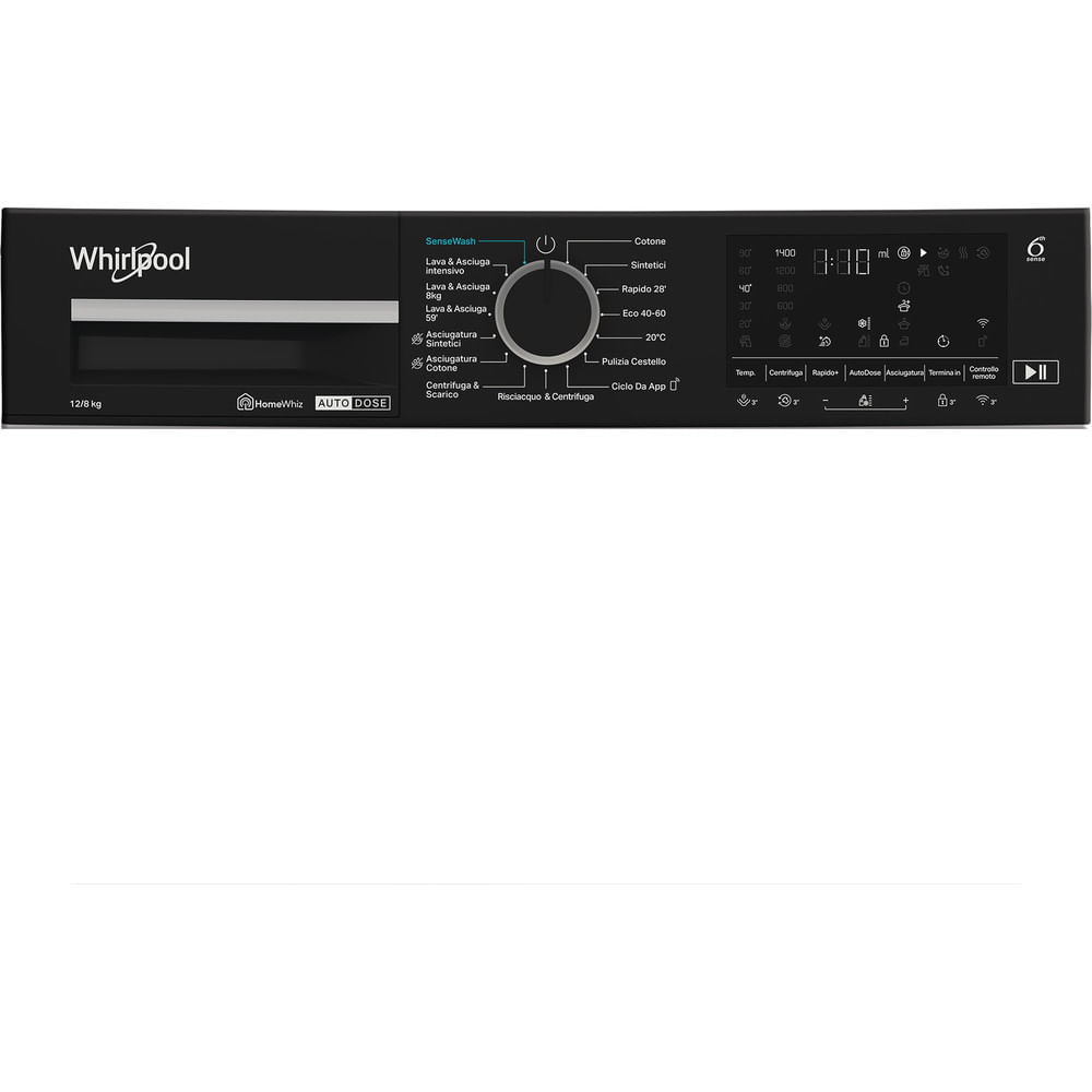 Pannello frontale di una lavatrice Whirlpool nera con manopola centrale, display digitale e tasti a sfioramento.