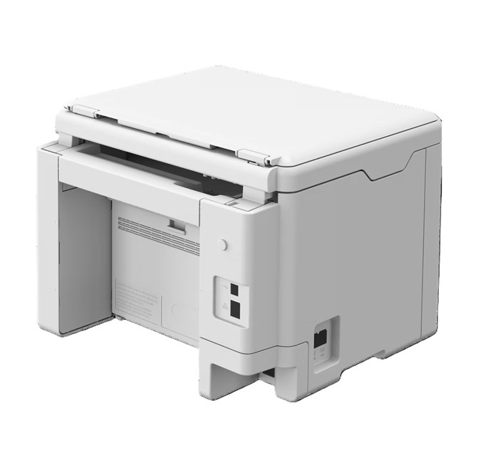 Une imprimante multifonction blanche sur une surface blanche, avec des ports de connexion visibles.