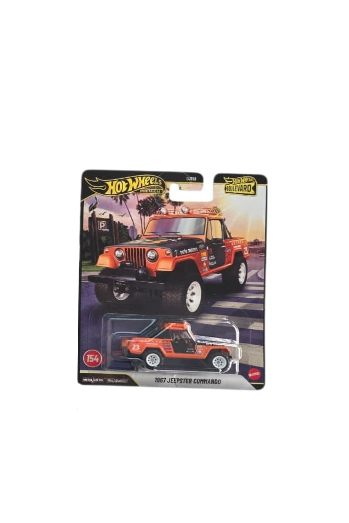 Turuncu ve siyah renkli 1967 Jeepster Commando oyuncak araba içeren bir Hot Wheels Boulevard blister ambalajı.