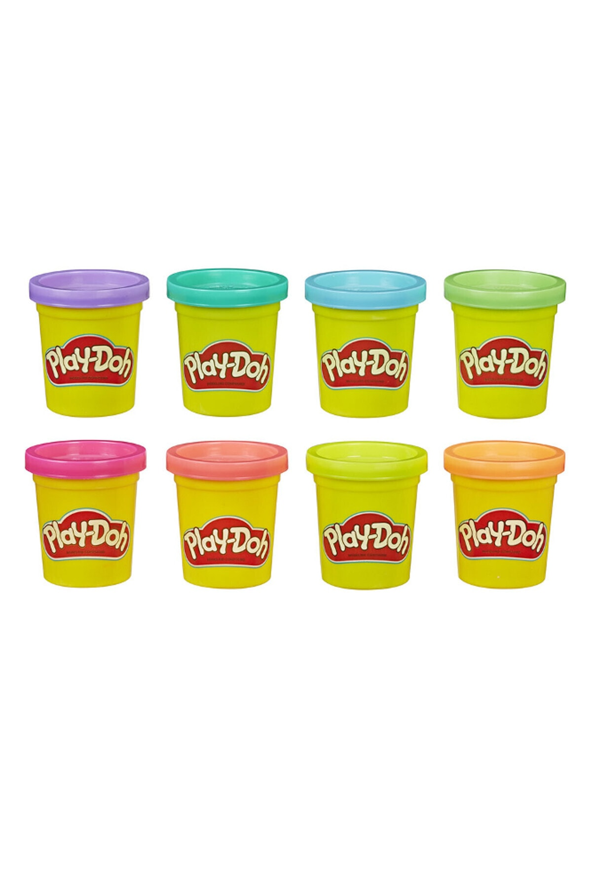 Beyaz bir arka plan üzerinde iki sıra halinde dörderli dizilmiş sarı gövdeli ve renkli kapaklı sekiz adet Play-Doh kutusu.